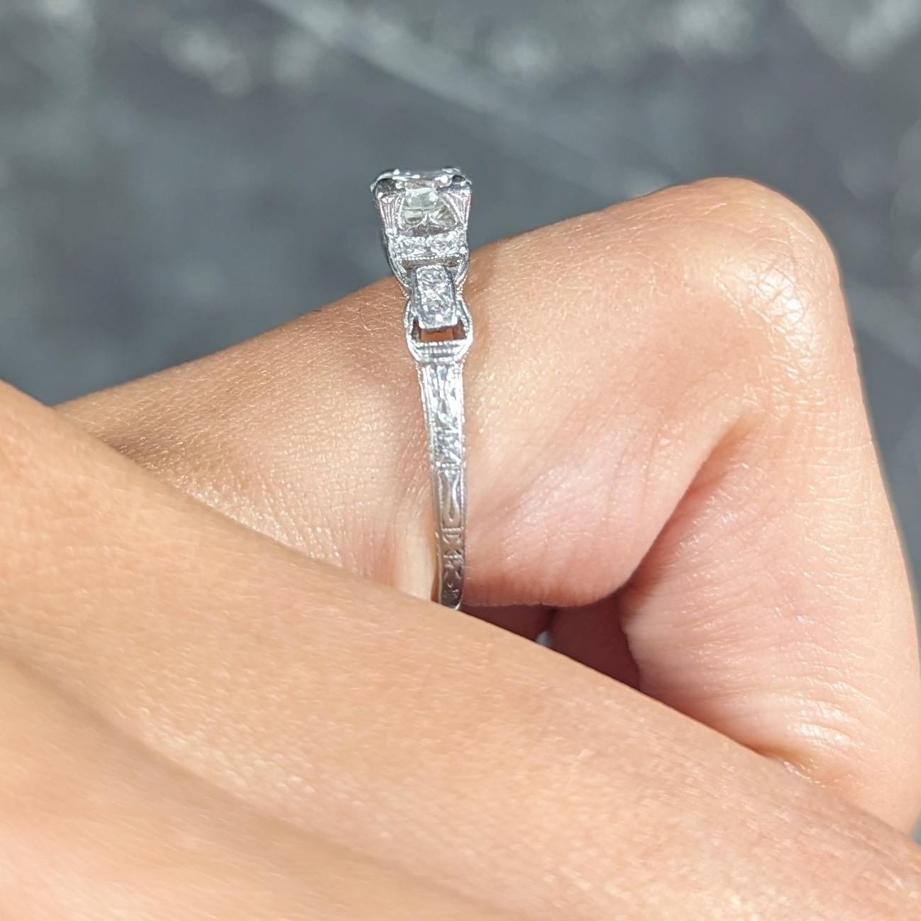 Mid-Century 0.75 CTW Diamond Platinum Buckle Square Form Vintage Engagement Ring For Sale 6