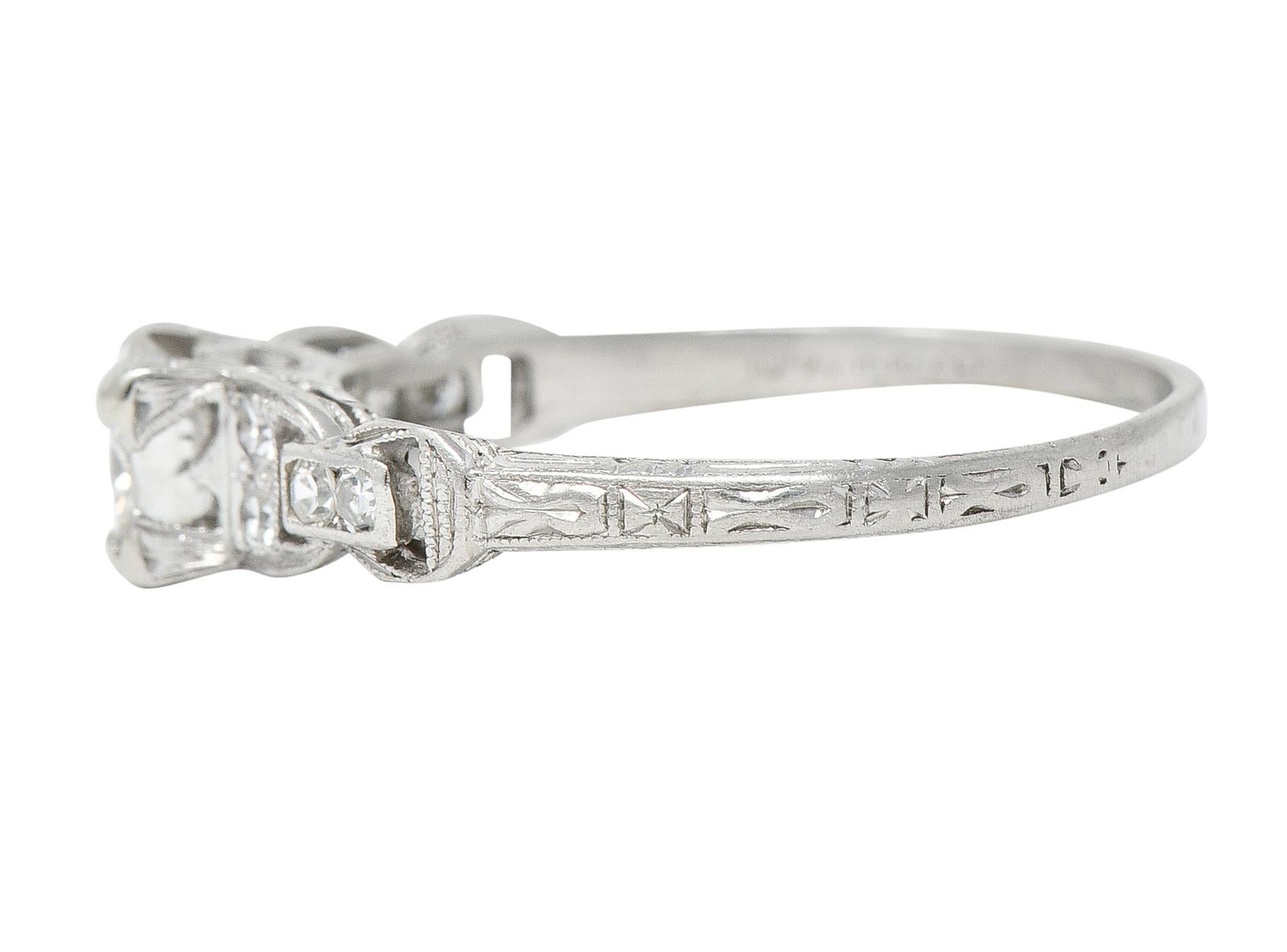 Women's or Men's Mid-Century 0.75 CTW Diamond Platinum Buckle Square Form Vintage Engagement Ring For Sale