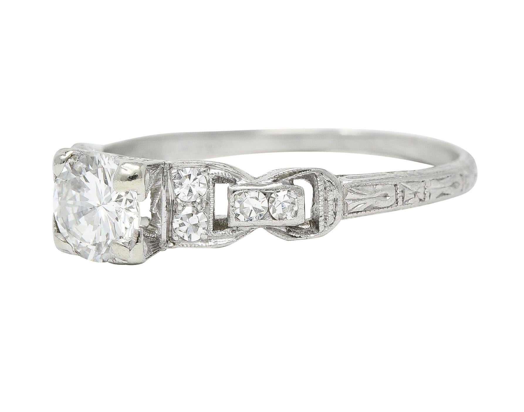 Mid-Century 0.75 CTW Diamond Platinum Buckle Square Form Vintage Engagement Ring For Sale 1