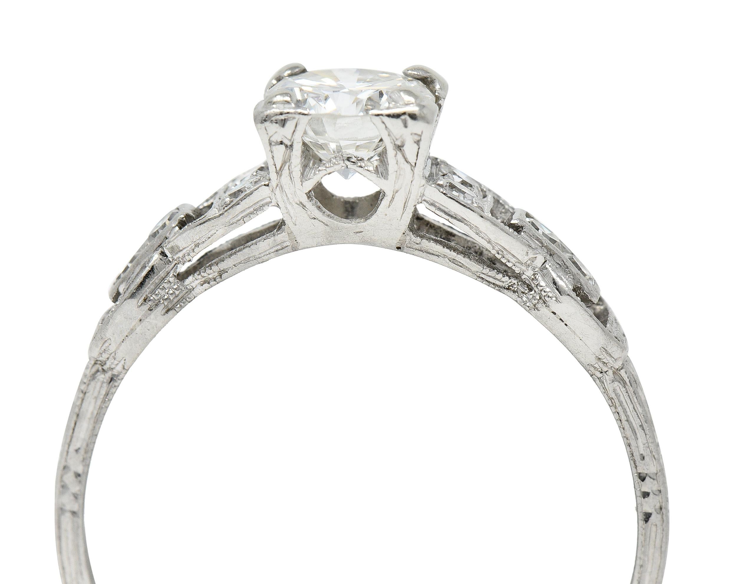 Mid-Century 0.75 CTW Diamond Platinum Buckle Square Form Vintage Engagement Ring For Sale 2