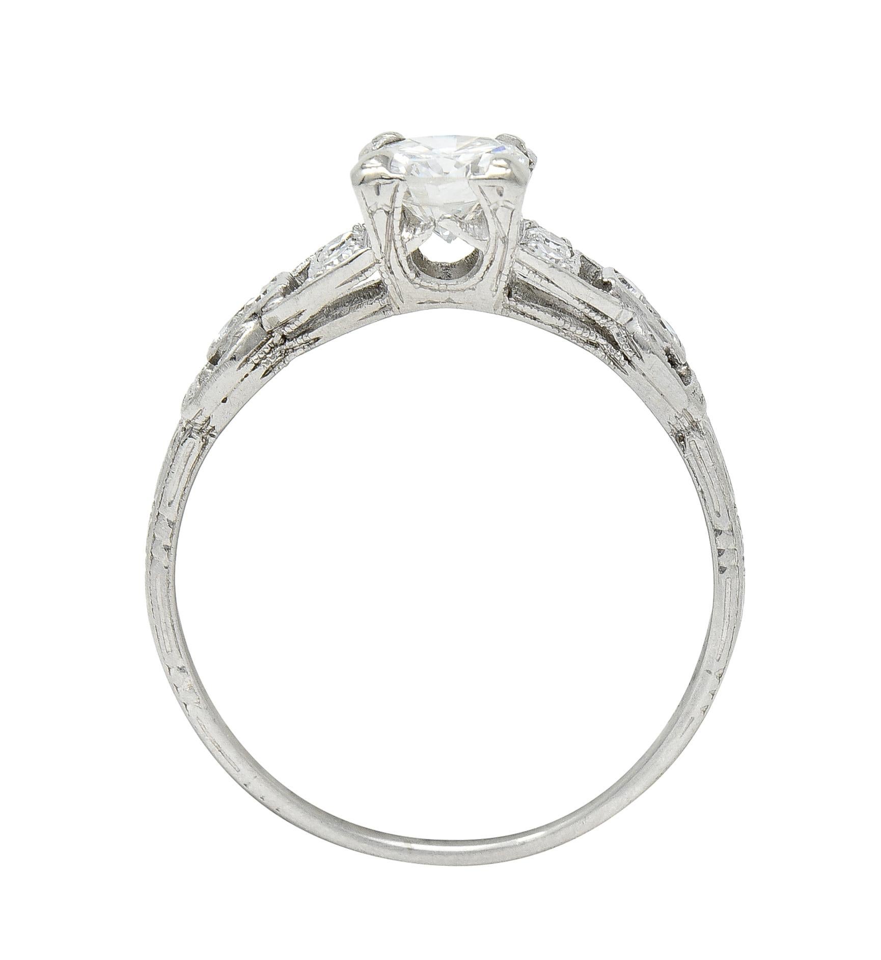 Mid-Century 0.75 CTW Diamond Platinum Buckle Square Form Vintage Engagement Ring For Sale 4