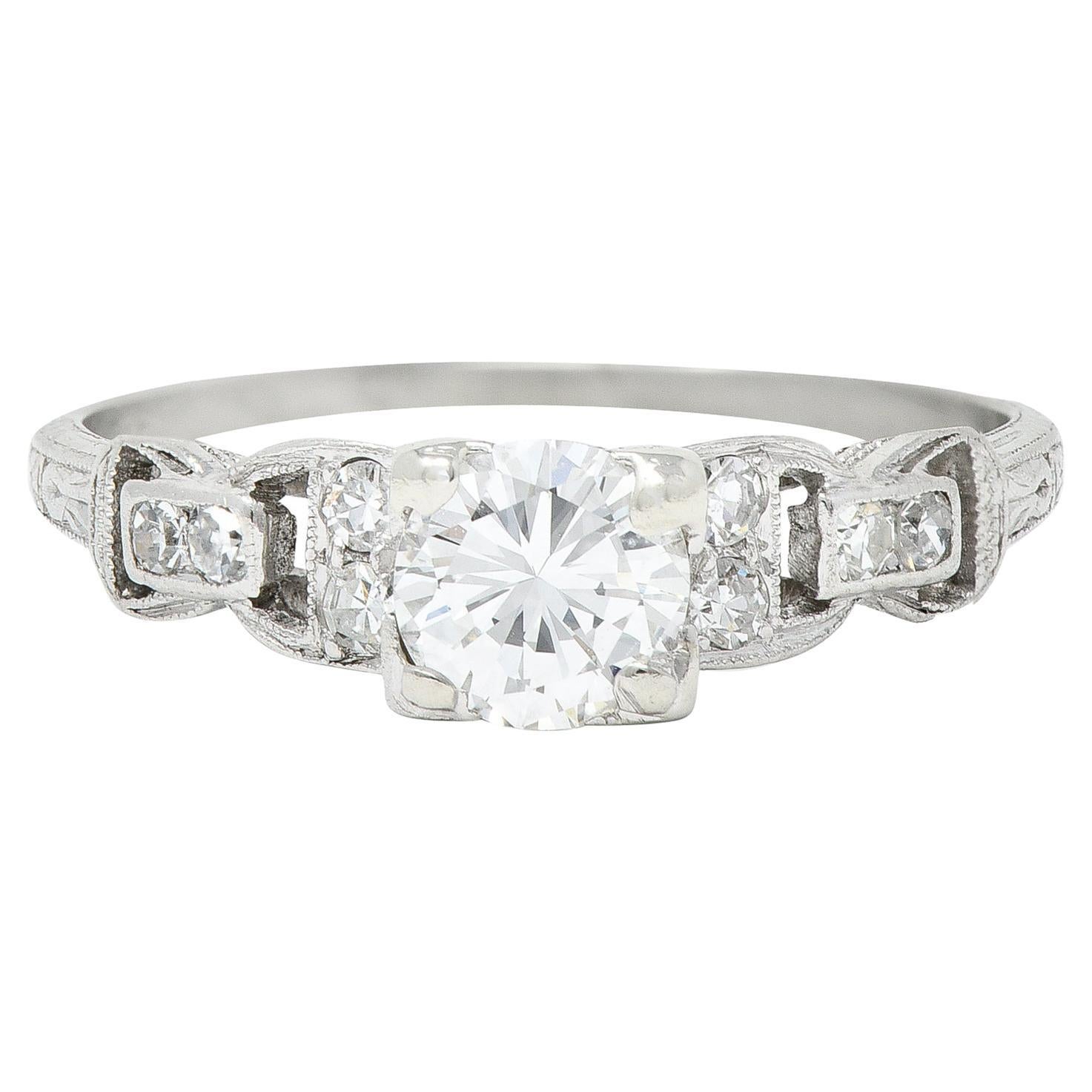 Mid-Century 0.75 CTW Diamond Platinum Buckle Square Form Vintage Engagement Ring For Sale
