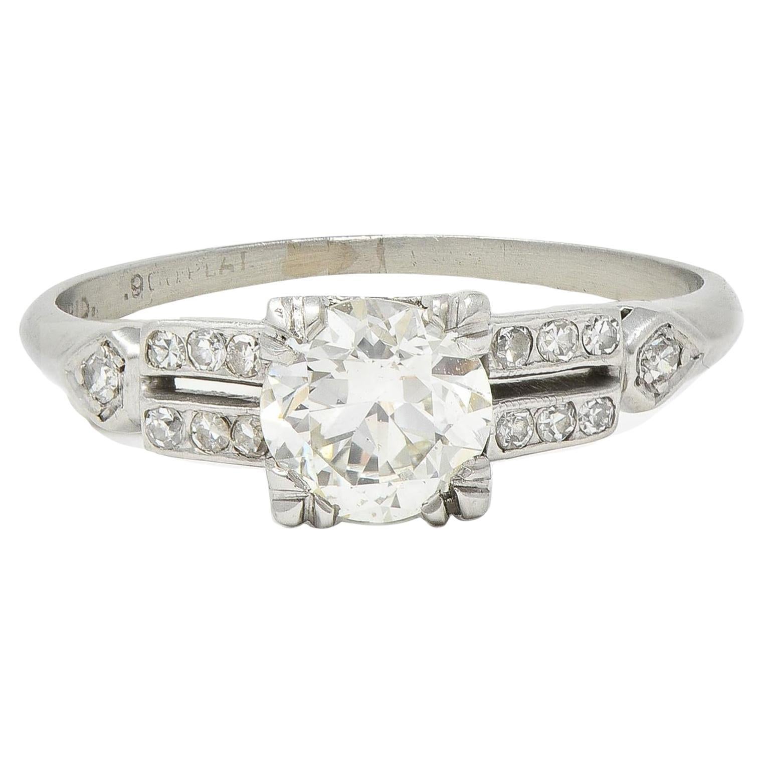Mid-Century 0.80 CTW Old European Diamond Platinum Heart Vintage Engagement Ring For Sale