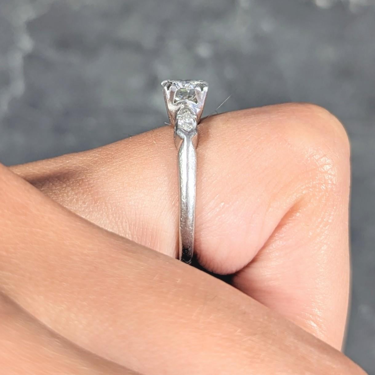 Mid-Century 0.82 Carat Diamond Platinum Marquise Three Stone Engagement Ring GIA For Sale 3
