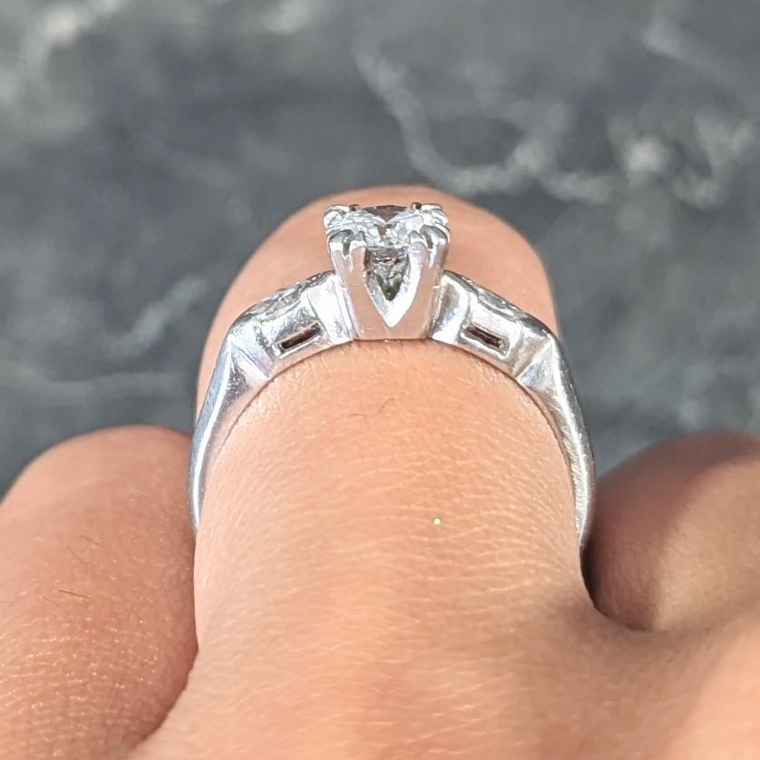 Mid-Century 0.82 Carat Diamond Platinum Marquise Three Stone Engagement Ring GIA For Sale 4