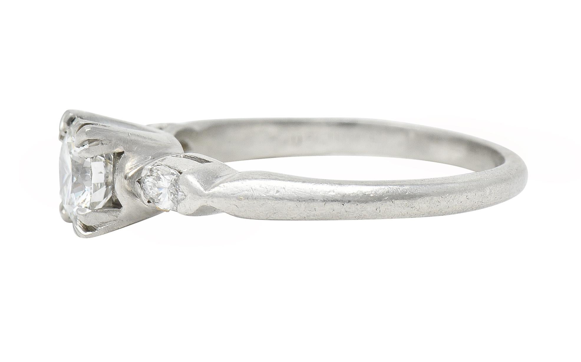 Brilliant Cut Mid-Century 0.82 Carat Diamond Platinum Marquise Three Stone Engagement Ring GIA For Sale