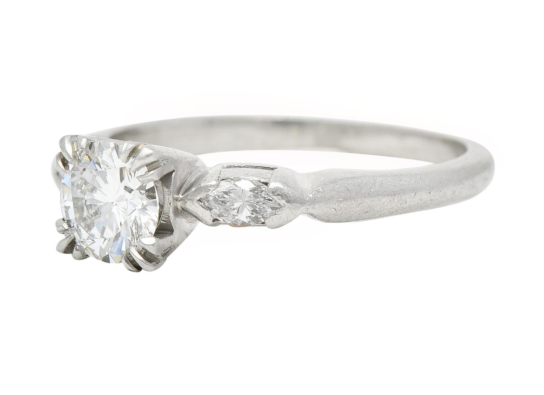 Mid-Century 0.82 Carat Diamond Platinum Marquise Three Stone Engagement Ring GIA In Excellent Condition For Sale In Philadelphia, PA