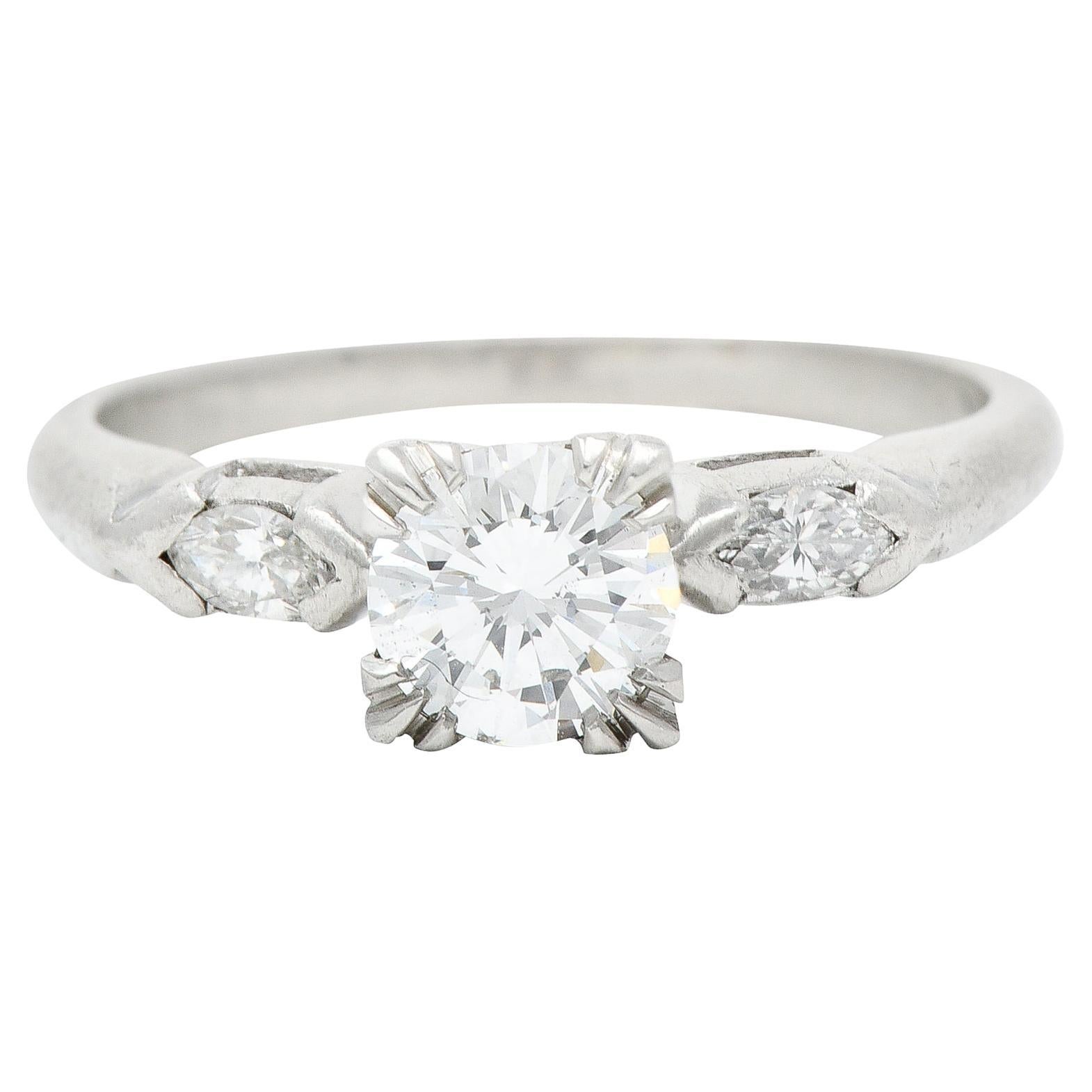 Mid-Century 0.82 Carat Diamond Platinum Marquise Three Stone Engagement Ring GIA