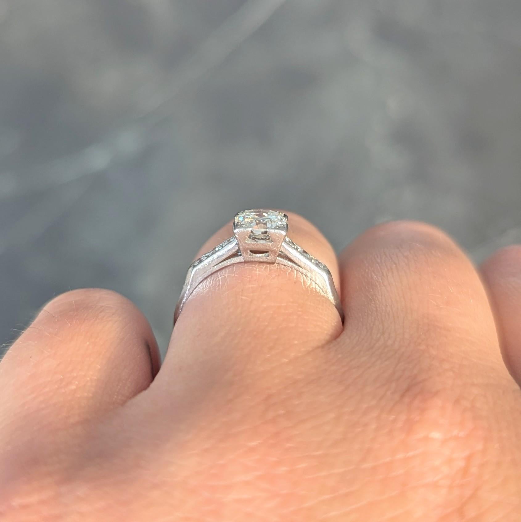 Mid-Century 0.84 CTW Transitional Diamond Platinum Vintage Engagement Ring For Sale 9