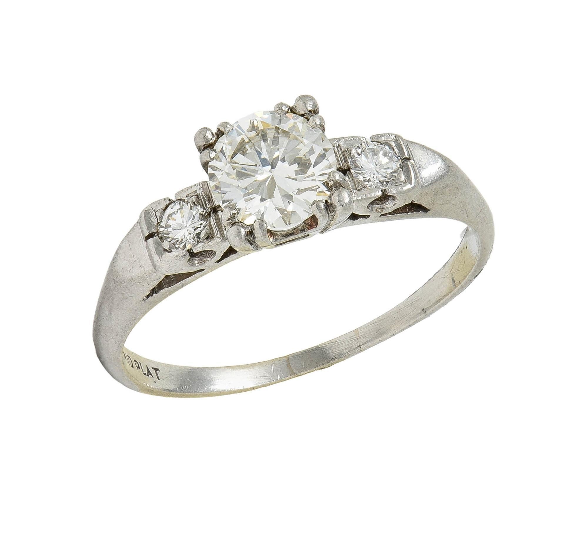 Mid-Century 0.85 CTW Diamond Platinum Vintage Fishtail Engagement Ring In Excellent Condition In Philadelphia, PA