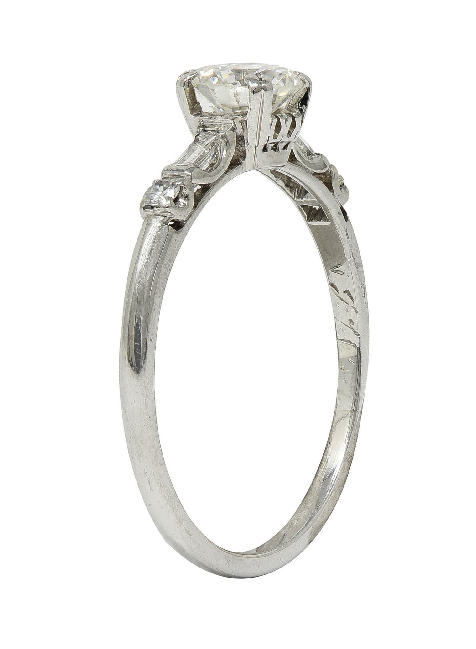 Mid-Century 0.85 CTW Transitional Cut Diamond Platinum Vintage Engagement Ring For Sale 5