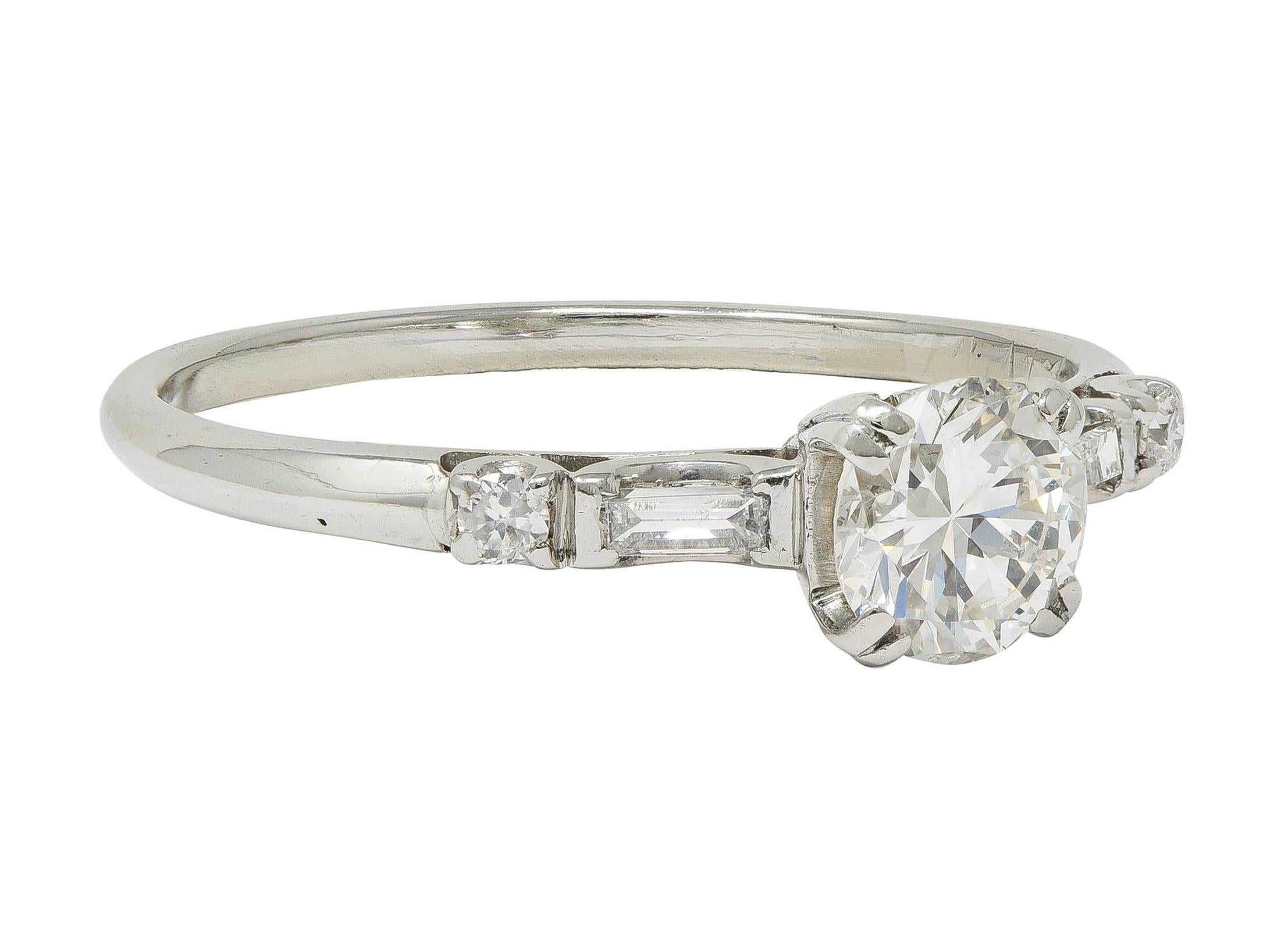 Round Cut Mid-Century 0.85 CTW Transitional Cut Diamond Platinum Vintage Engagement Ring For Sale