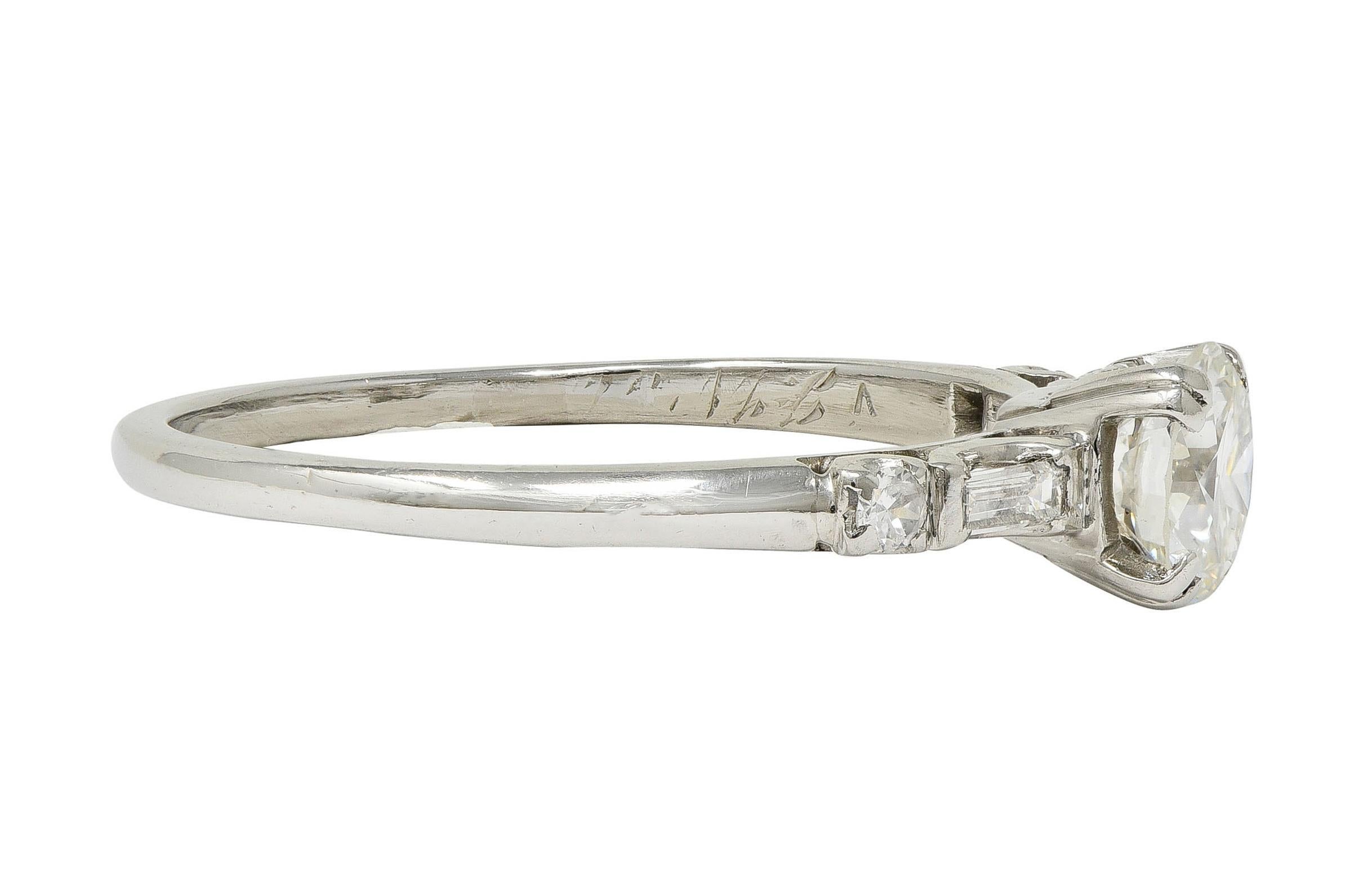 Mid-Century 0.85 CTW Transitional Cut Diamond Platinum Vintage Engagement Ring In Excellent Condition For Sale In Philadelphia, PA