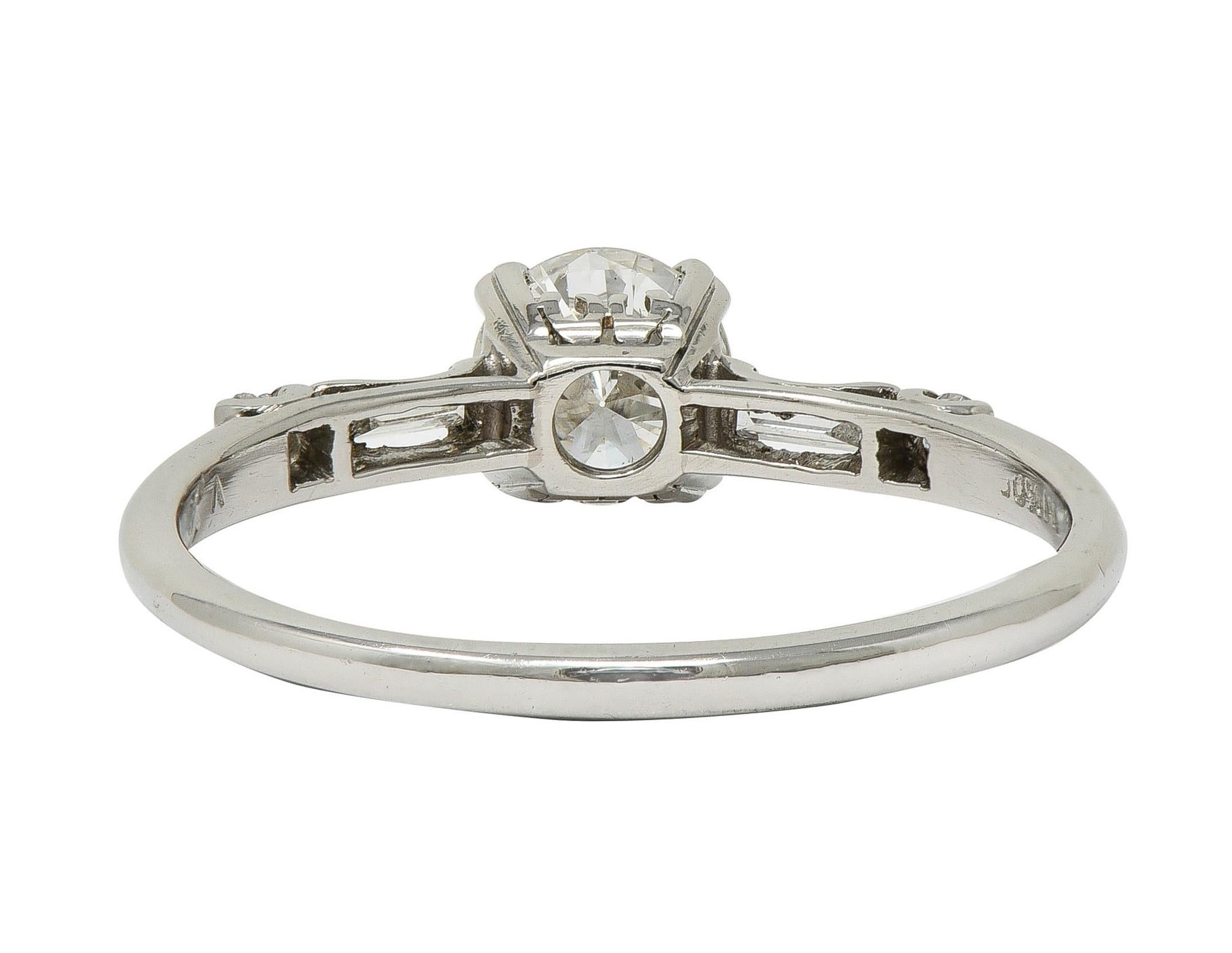 Women's or Men's Mid-Century 0.85 CTW Transitional Cut Diamond Platinum Vintage Engagement Ring For Sale