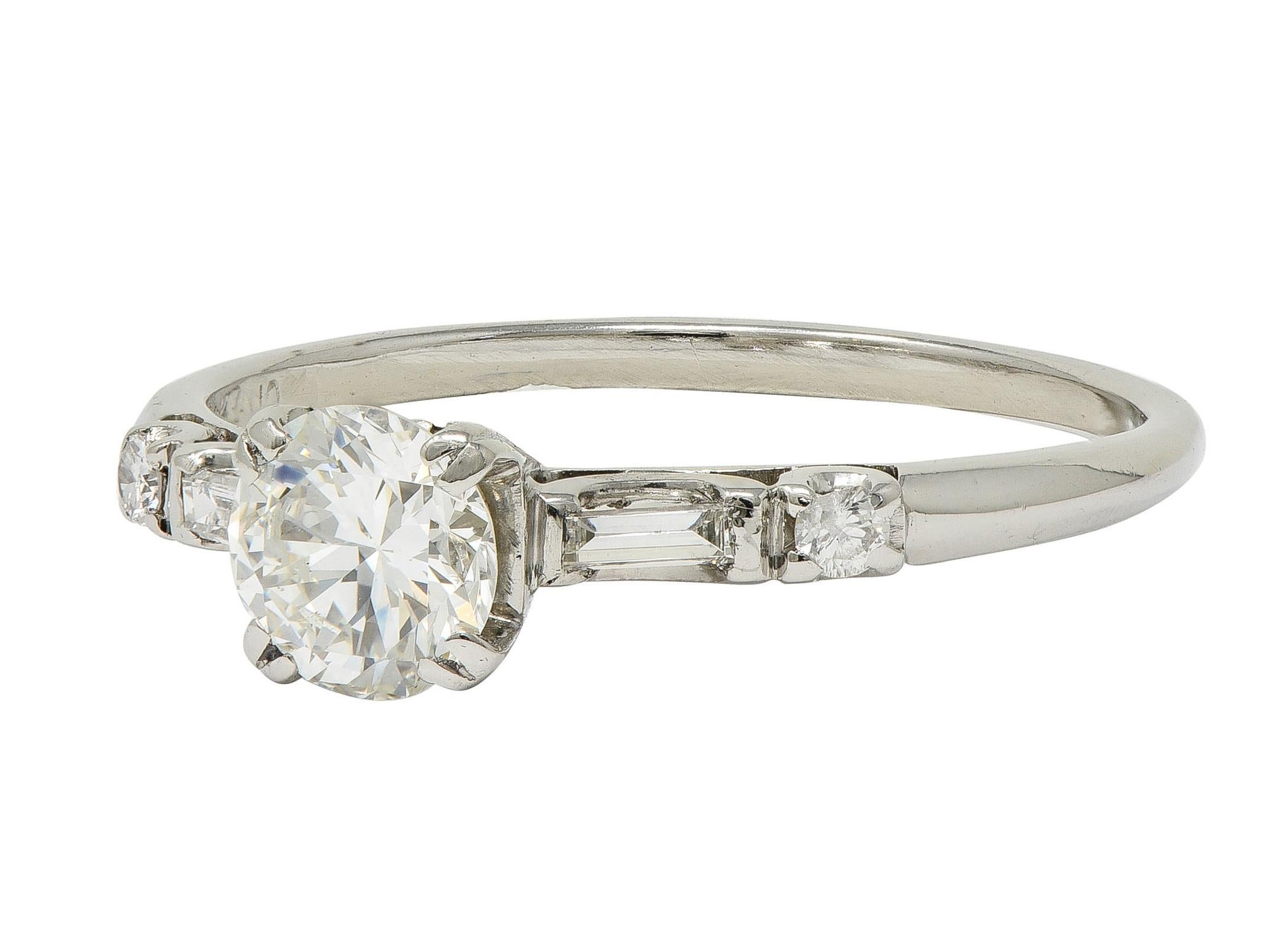 Mid-Century 0.85 CTW Transitional Cut Diamond Platinum Vintage Engagement Ring For Sale 2