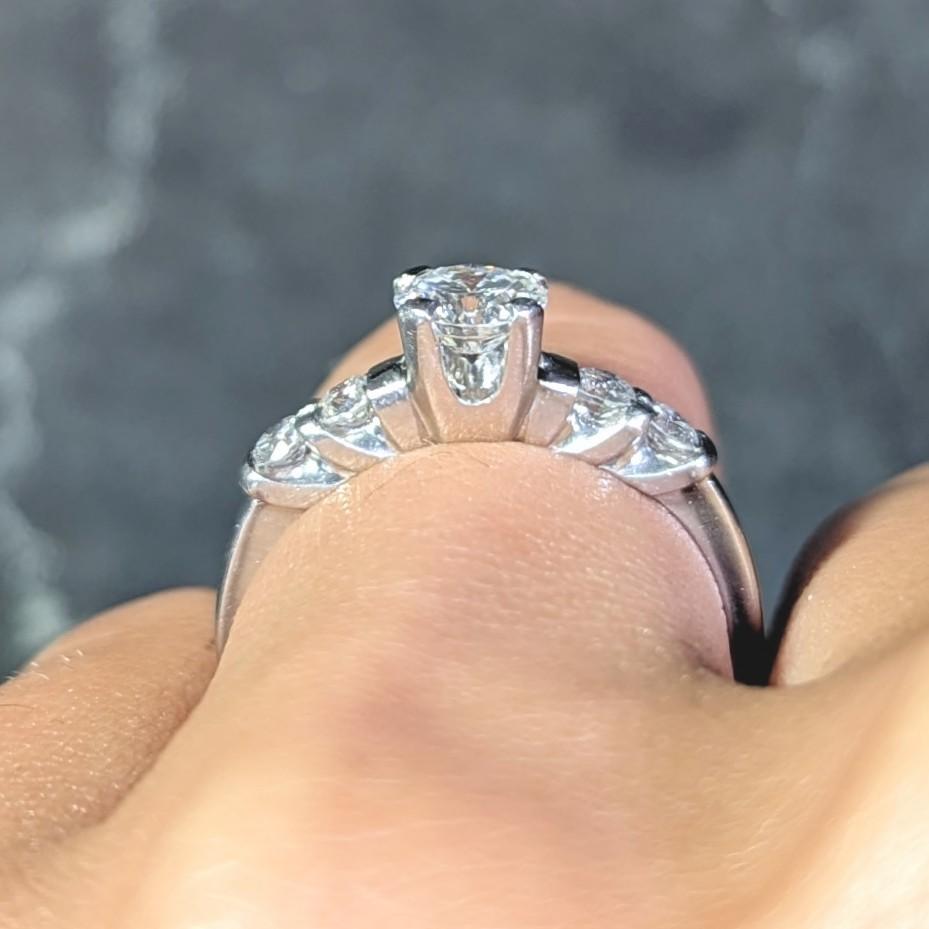 Mid-Century 0.92 CTW Diamond Platinum Five Stone Vintage Engagement Ring For Sale 10