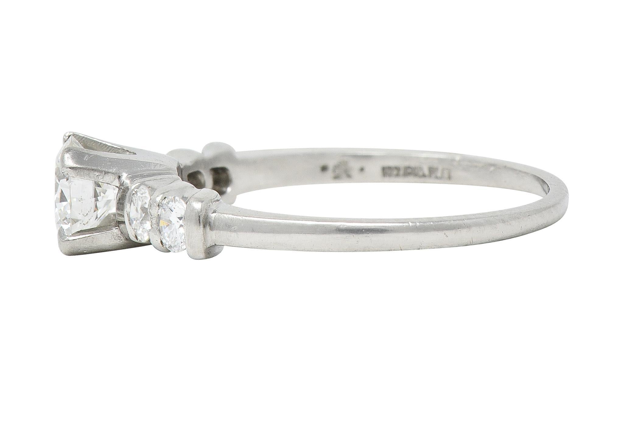 Women's or Men's Mid-Century 0.92 CTW Diamond Platinum Five Stone Vintage Engagement Ring For Sale