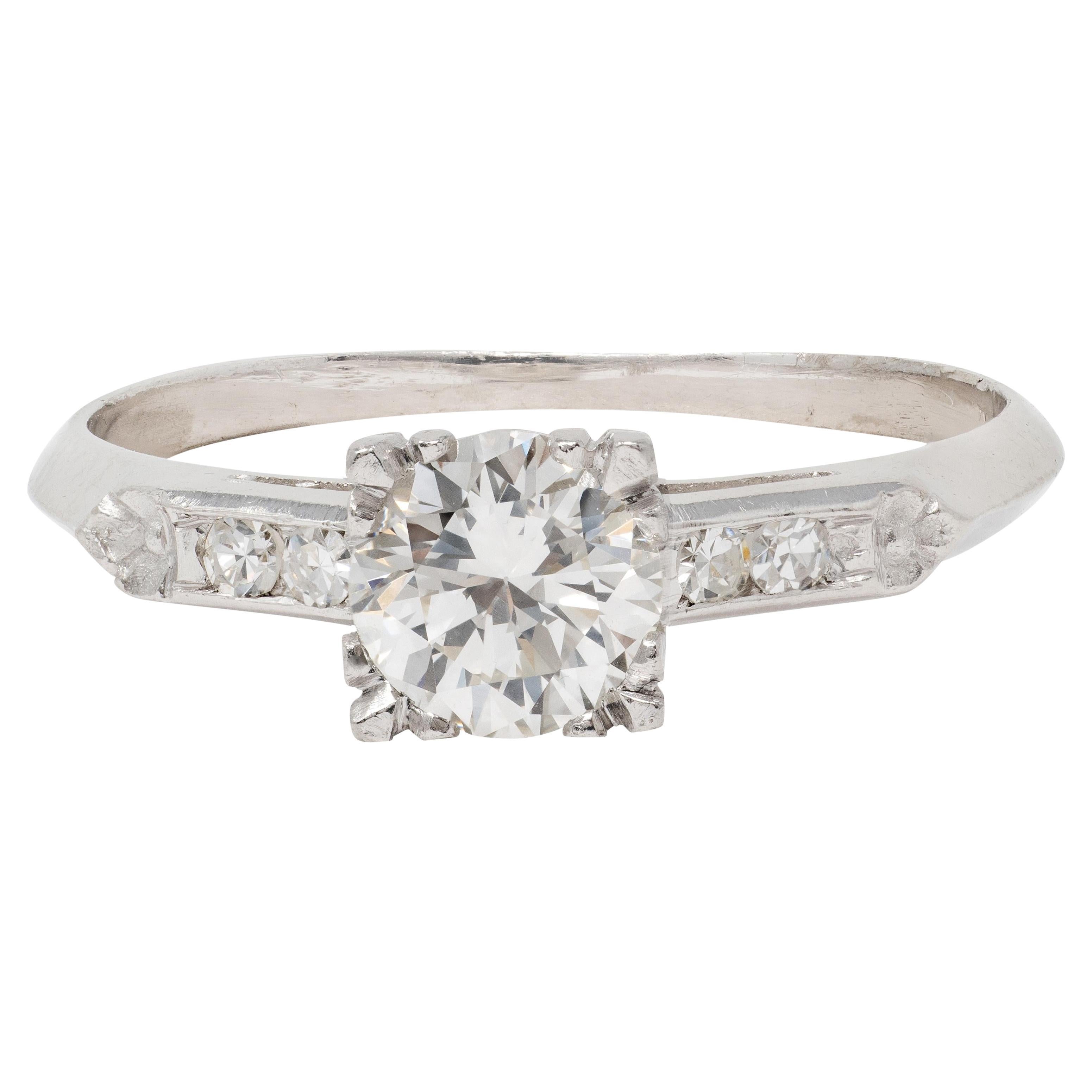 Mid-Century 0.94 CTW Transitional Cut Diamant Platin Vintage Verlobungsring im Angebot
