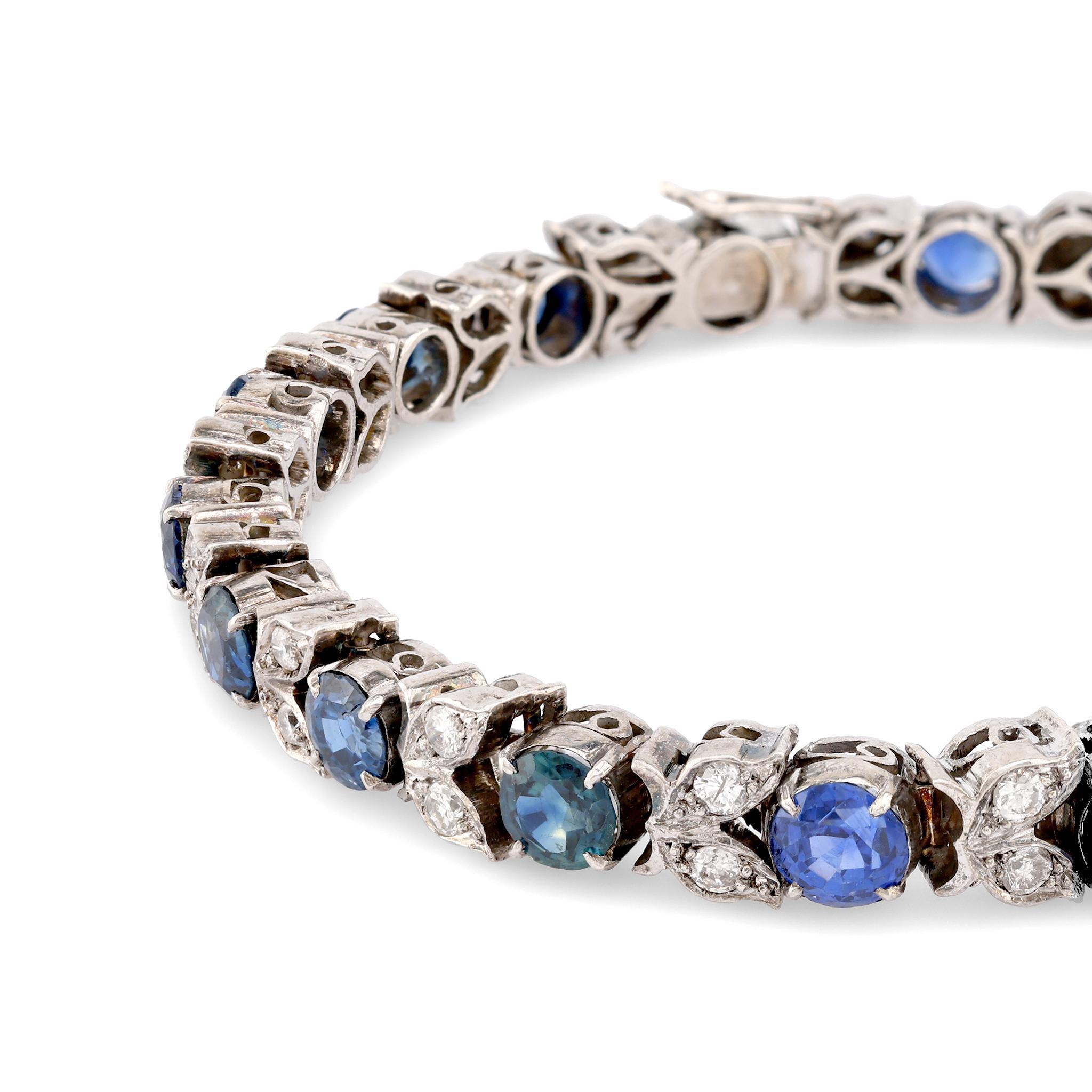 Brilliant Cut Mid Century 10 Carat Sapphire Diamond 14K White Gold Bracelet