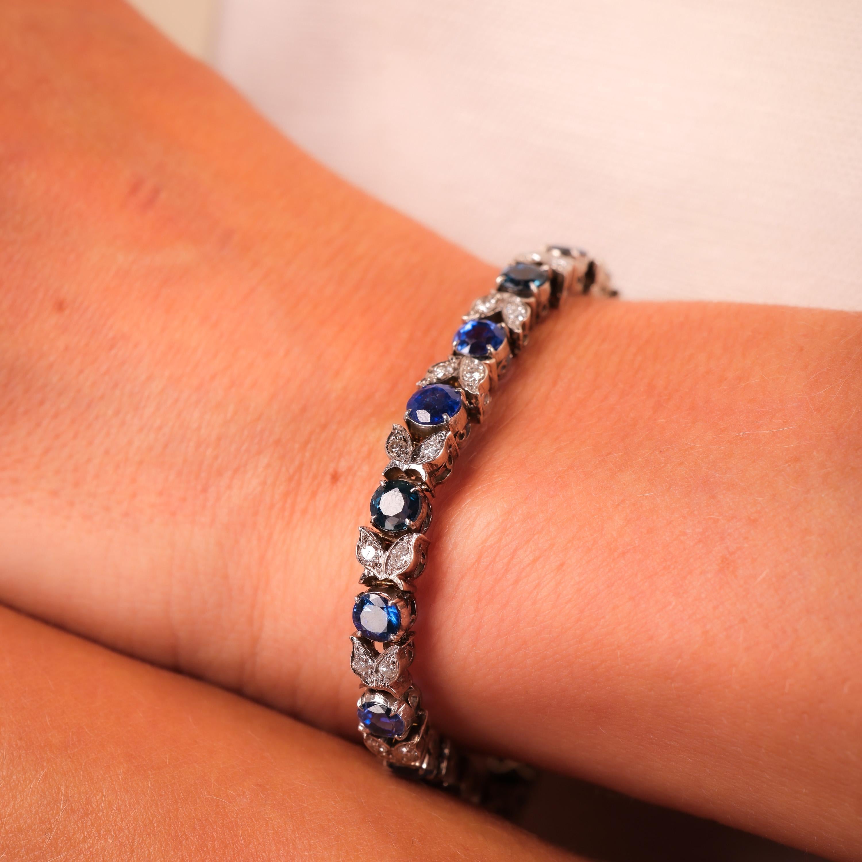 Mid Century 10 Carat Sapphire Diamond 14K White Gold Bracelet In Excellent Condition In Beverly Hills, CA