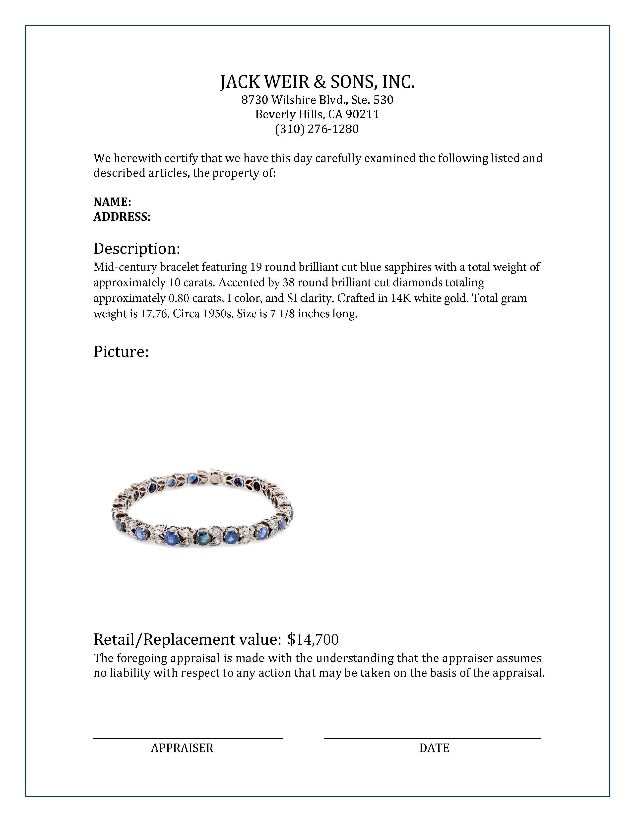 Women's or Men's Mid Century 10 Carat Sapphire Diamond 14K White Gold Bracelet