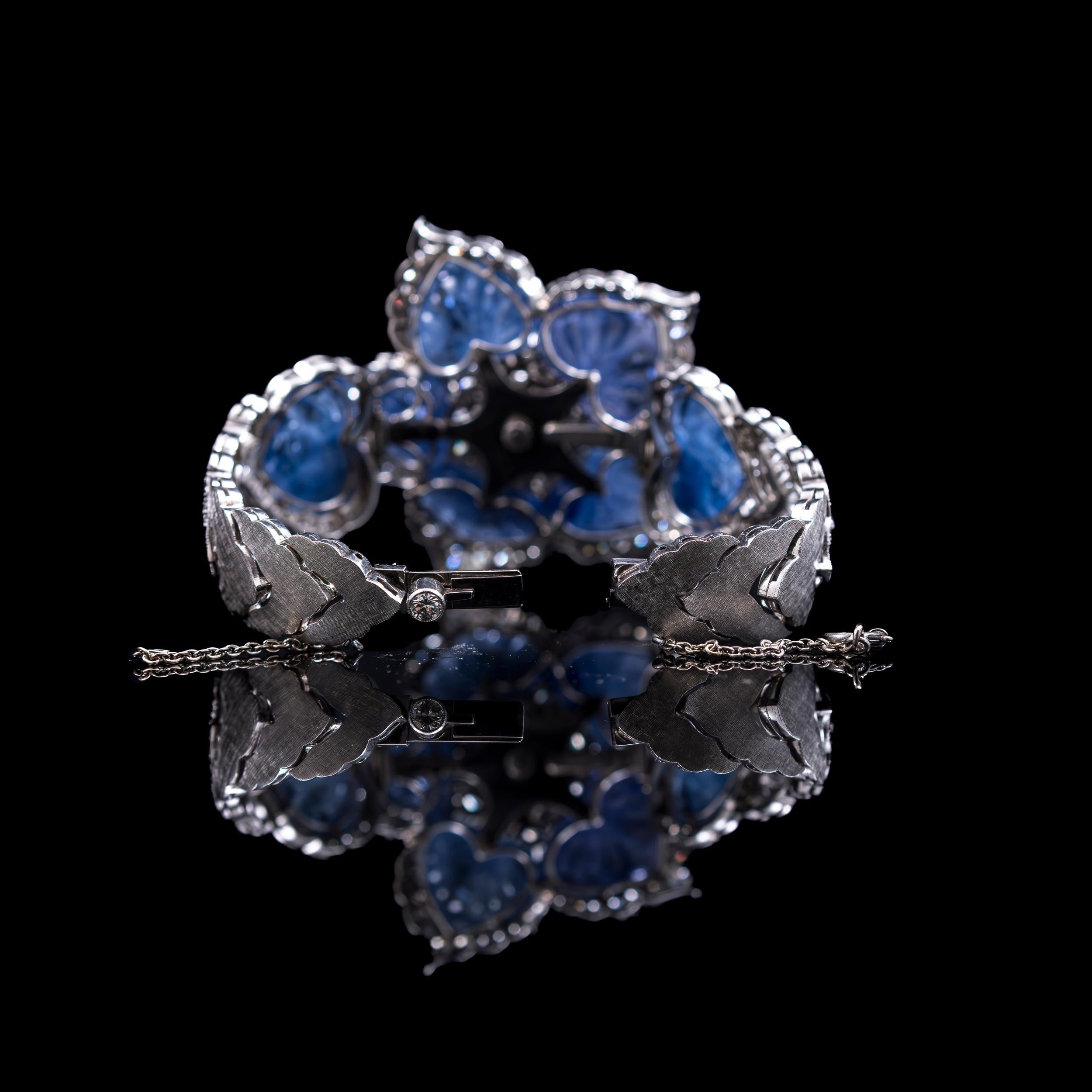 Bracelet fleur en saphir 100 carats à couleurs changeantes et diamants 11 carats du milieu du siècle dernier Unisexe en vente