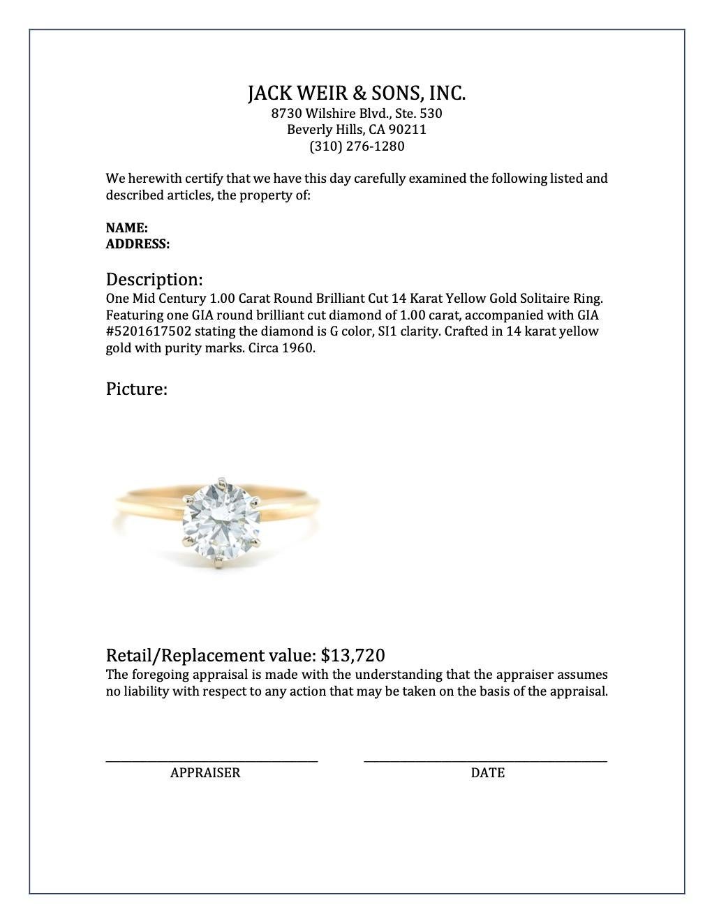 Solitärring aus 14 Karat Gelbgold mit 1,00 Karat rundem Brillantschliff aus der Mitte des Jahrhunderts 3