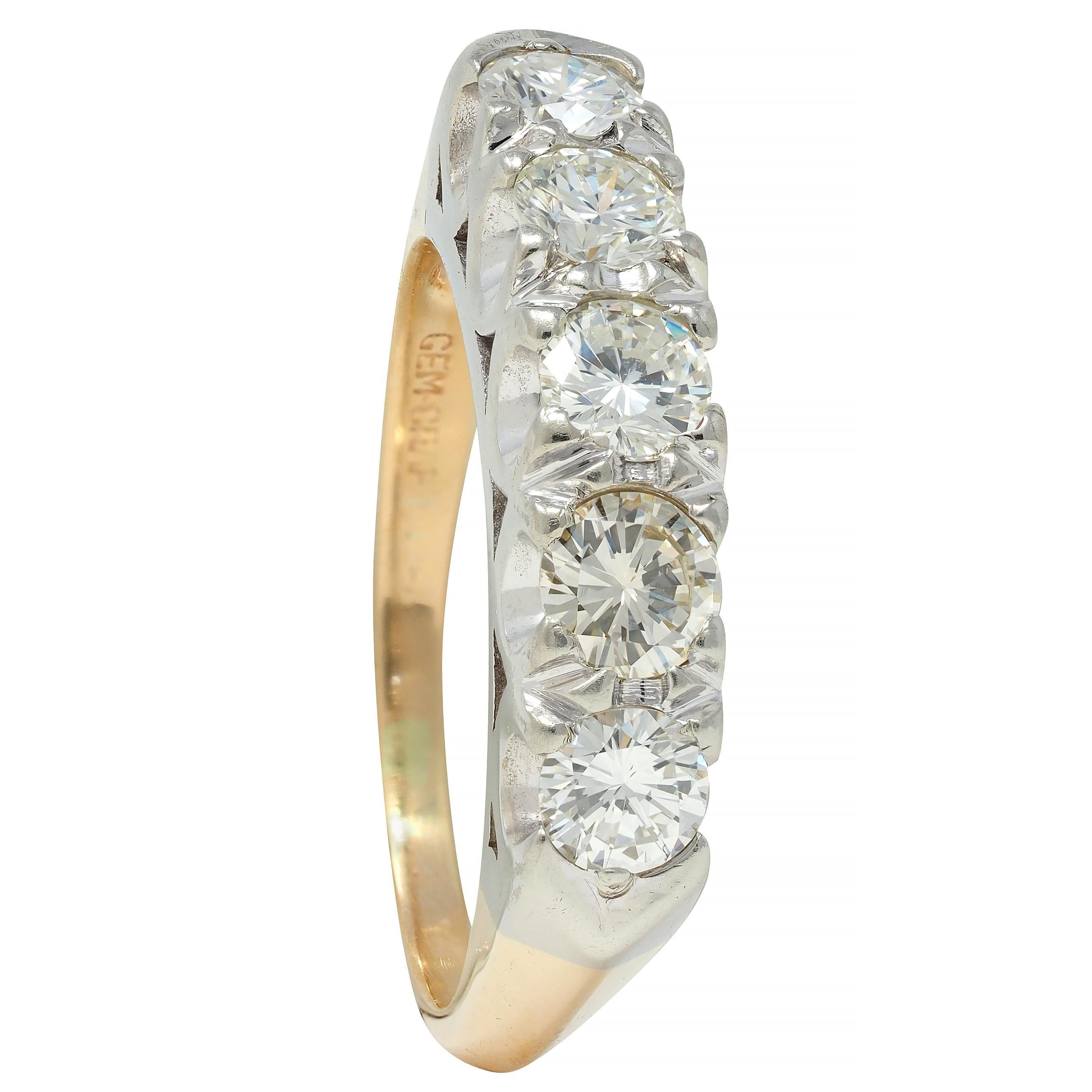 Mid-Century 1.00 CTW Diamond 14 Karat Two-Tone Gold Vintage Fishtail Band Ring 6