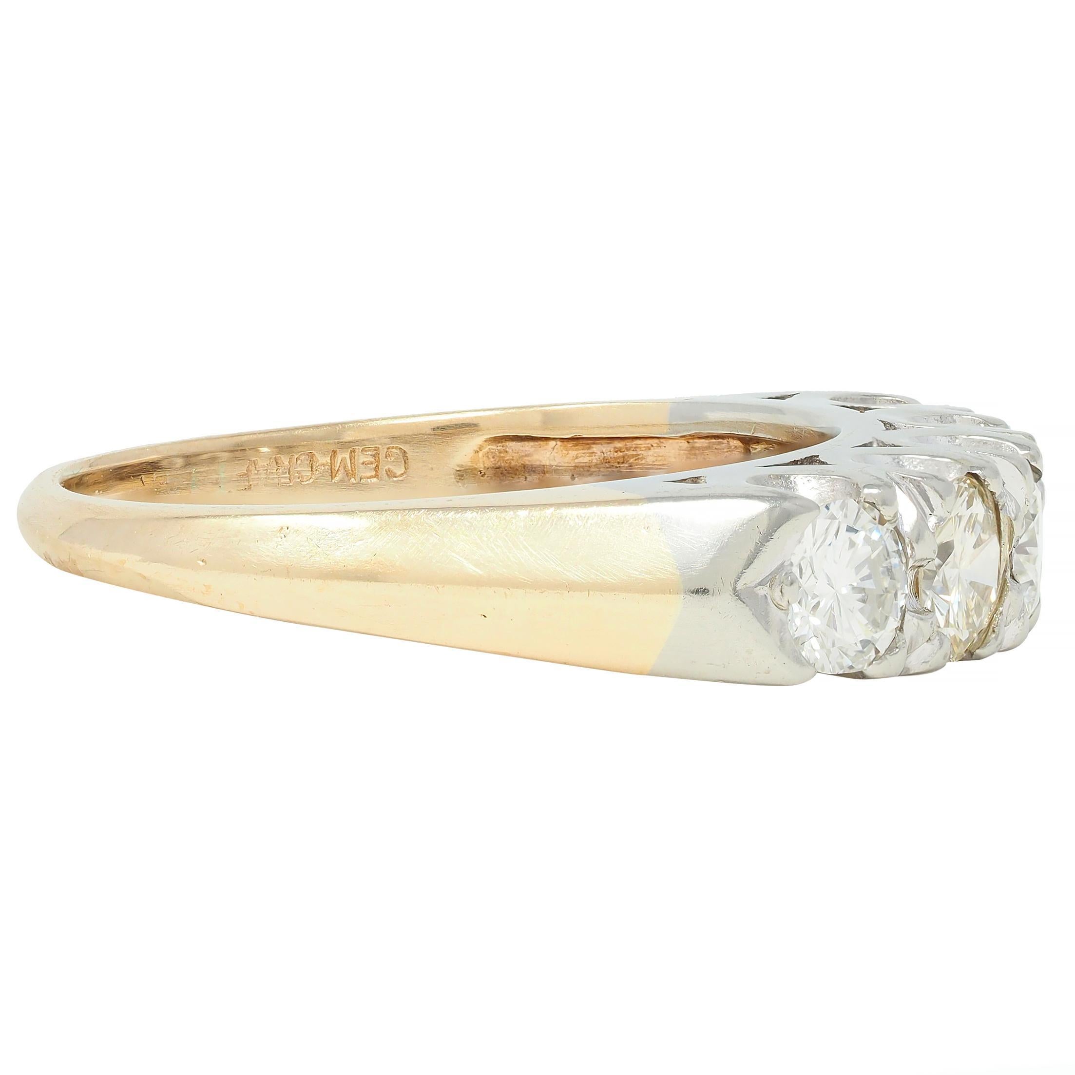Mid-Century 1.00 CTW Diamond 14 Karat Two-Tone Gold Vintage Fishtail Band Ring In Excellent Condition In Philadelphia, PA