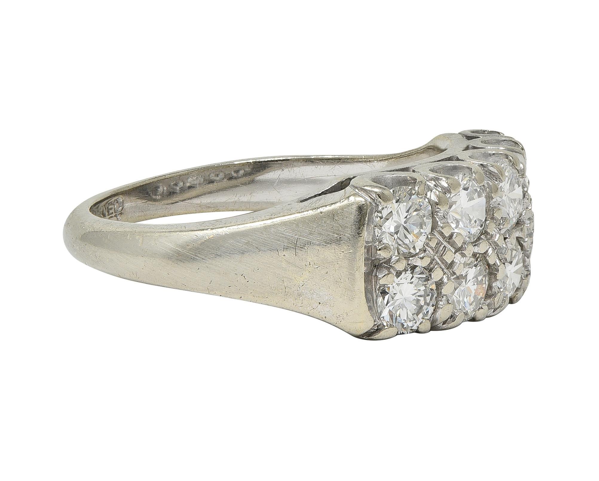 Round Cut Mid-Century 1.00 CTW Diamond 14K Gold Vintage Two-Row Fishtail Wedding Band Ring For Sale