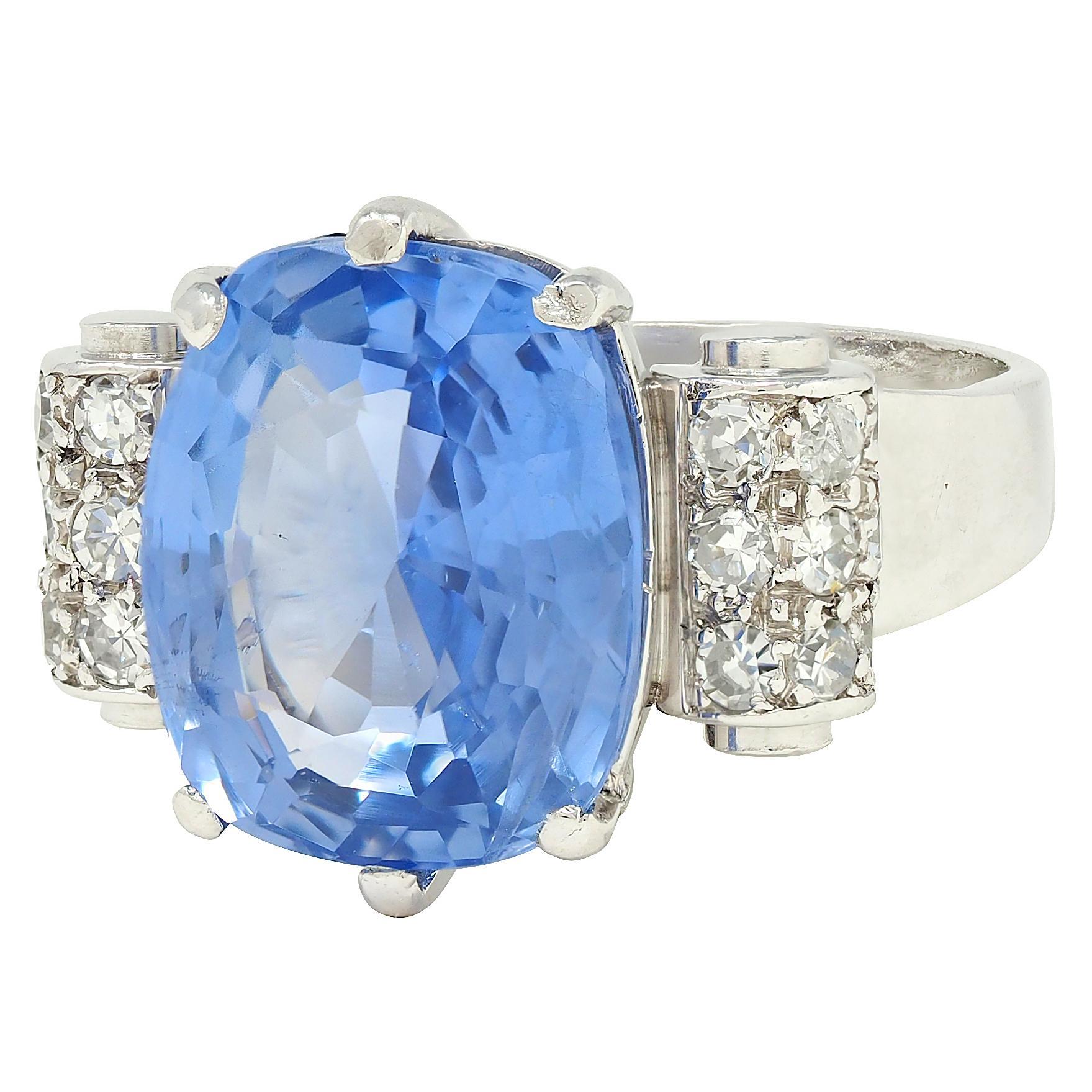 Bague vintage du milieu du siècle, saphir de Ceylan de 10.04 carats, sans chaleur, diamant et platine, certifié GIA en vente 2