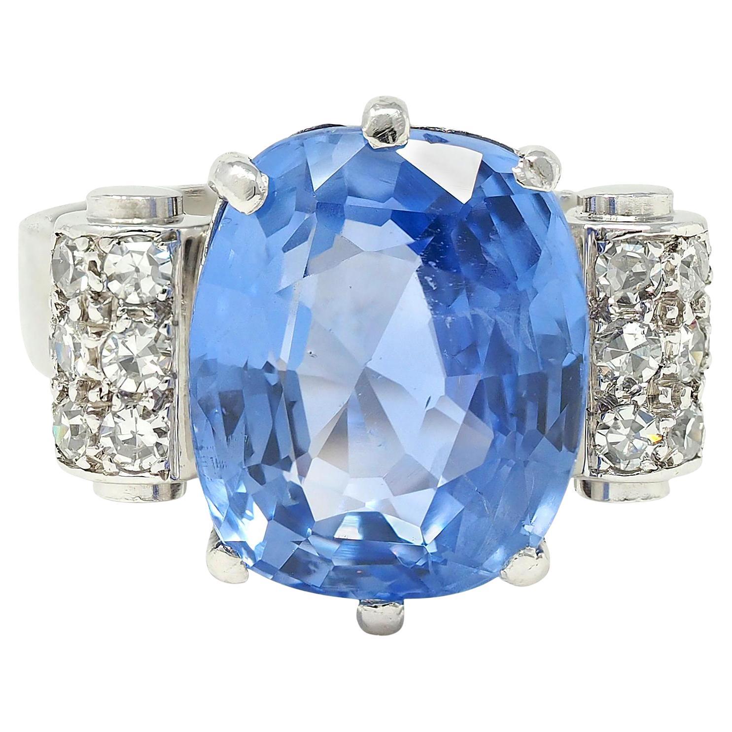 Bague vintage du milieu du siècle, saphir de Ceylan de 10.04 carats, sans chaleur, diamant et platine, certifié GIA