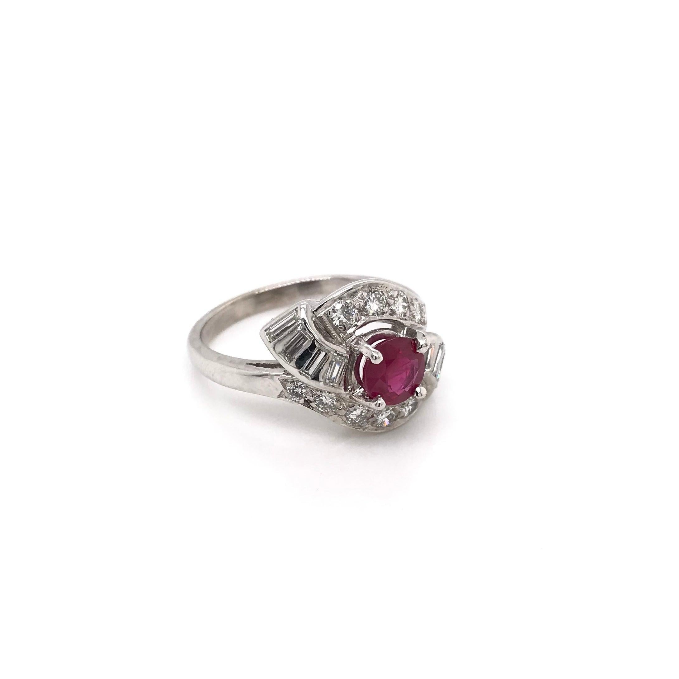 Round Cut Mid Century 1.01 Carat Ruby and Diamond Ring For Sale