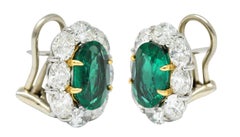 Mid-Century 10.10 Carats Emerald Diamond Platinum 18 Karat Gold Cluster Earrings