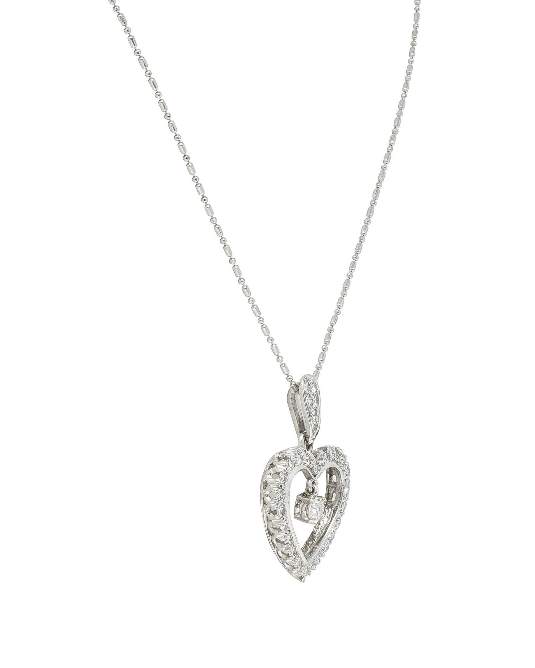 Heart Cut Mid-Century 1.05 CTW Diamond Platinum Vintage Heart Pendant Necklace