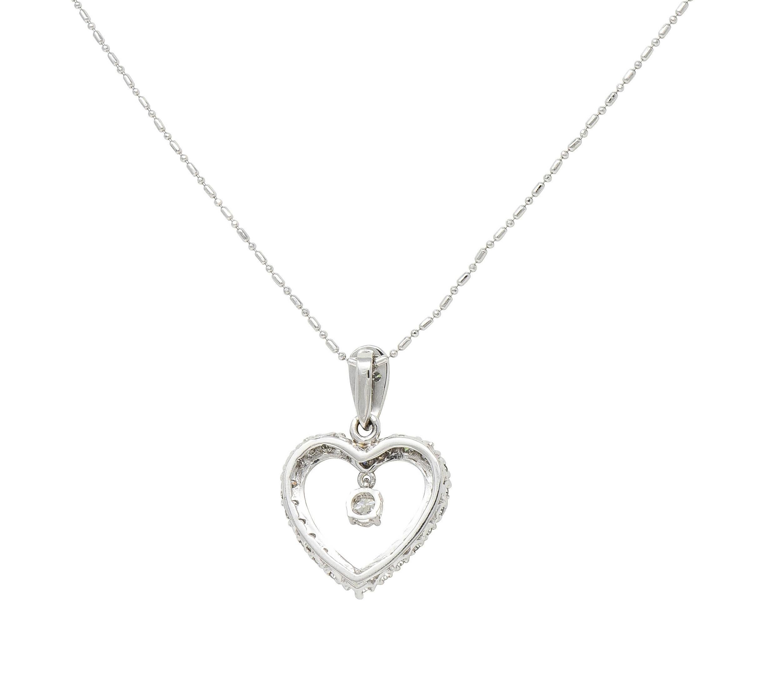 Mid-Century 1.05 CTW Diamond Platinum Vintage Heart Pendant Necklace In Excellent Condition For Sale In Philadelphia, PA