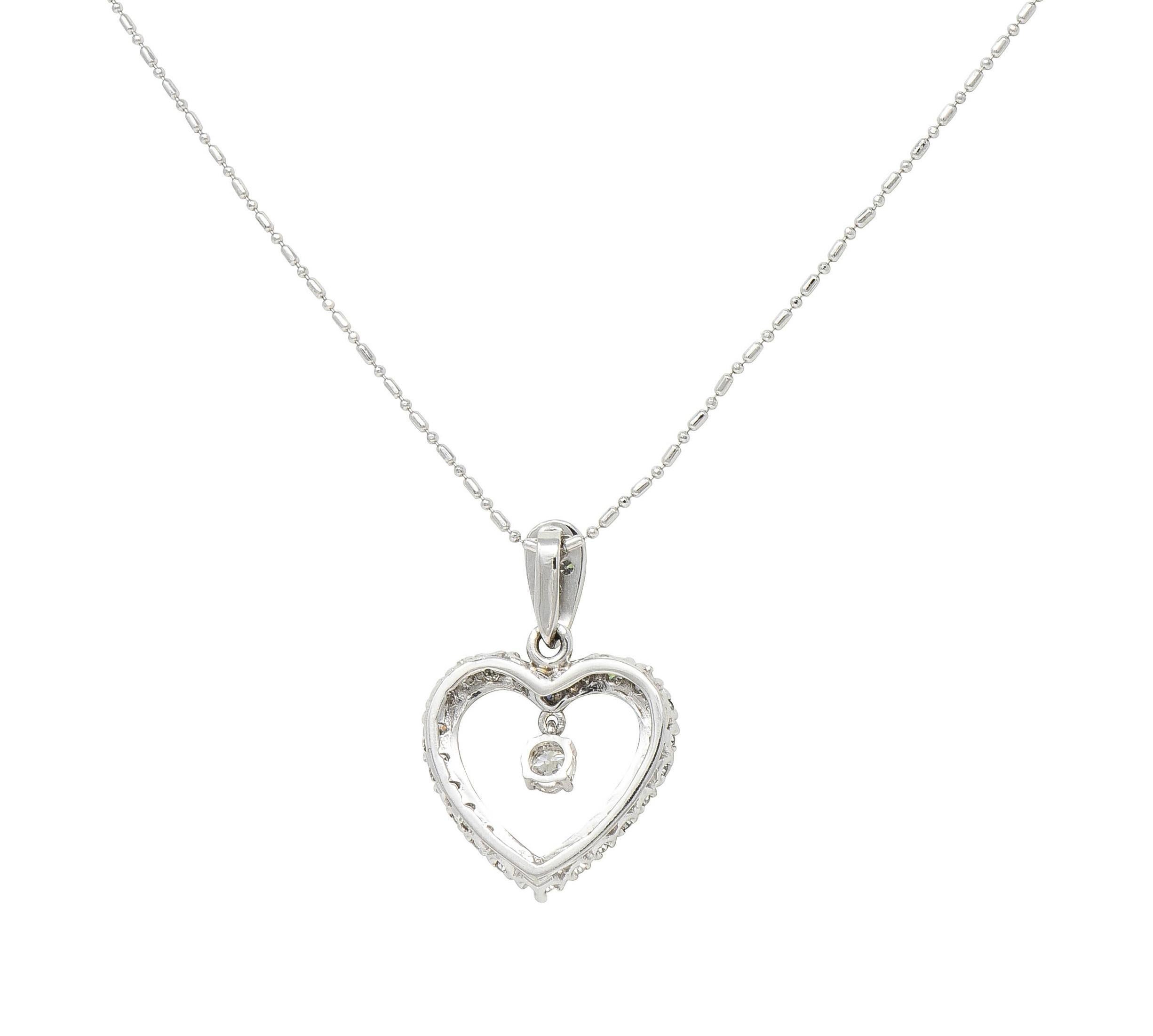Mid-Century 1.05 CTW Diamond Platinum Vintage Heart Pendant Necklace In Excellent Condition In Philadelphia, PA
