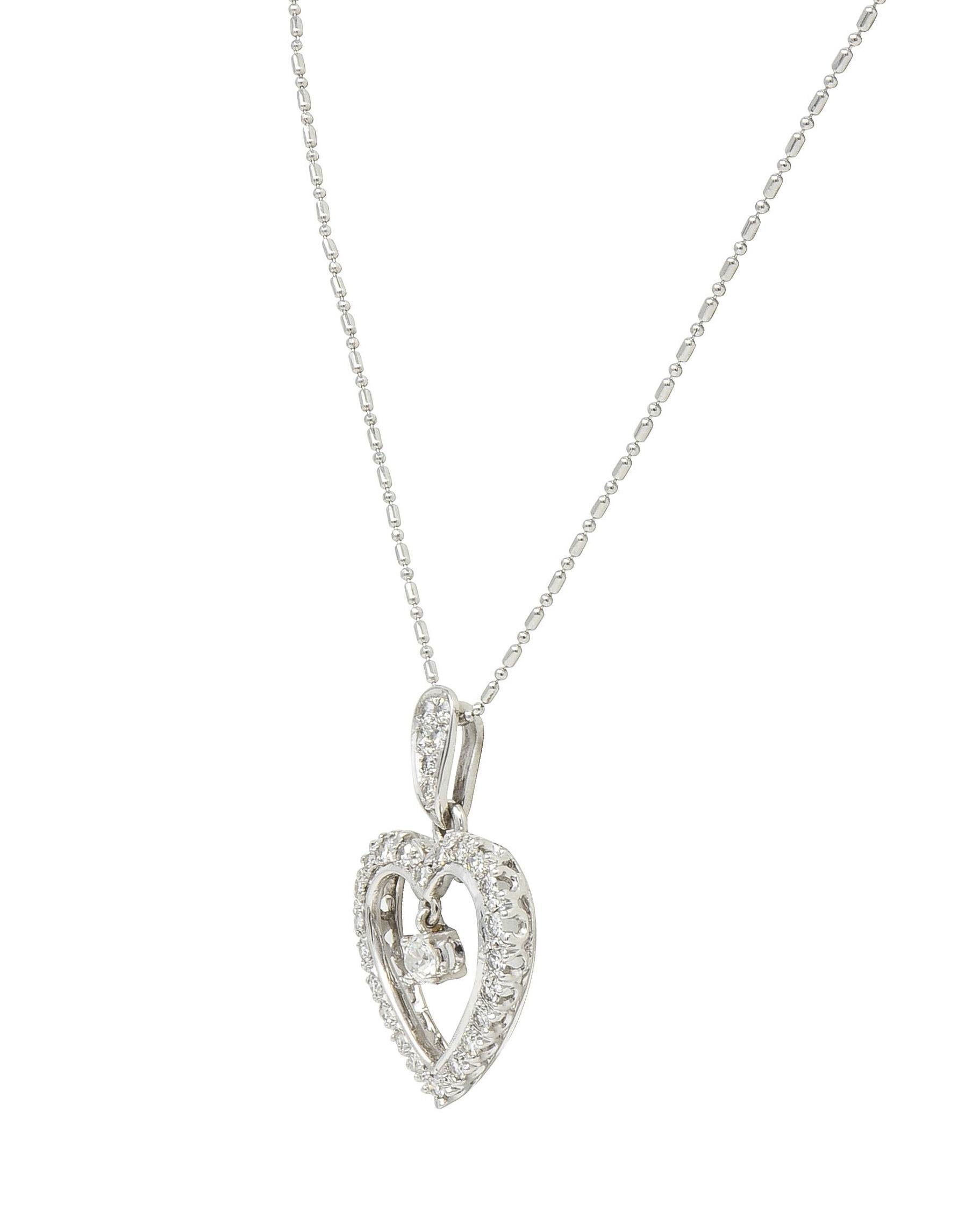 Women's or Men's Mid-Century 1.05 CTW Diamond Platinum Vintage Heart Pendant Necklace