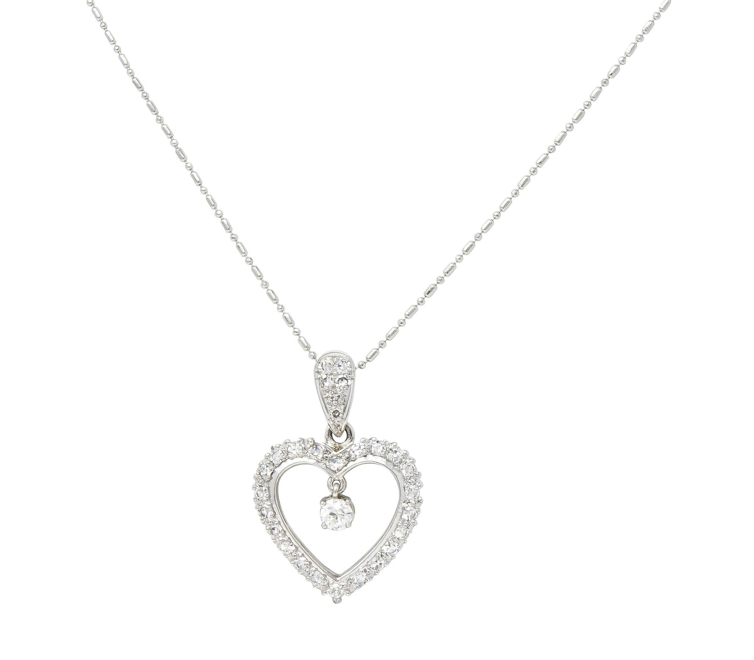 Mid-Century 1.05 CTW Diamond Platinum Vintage Heart Pendant Necklace For Sale 1