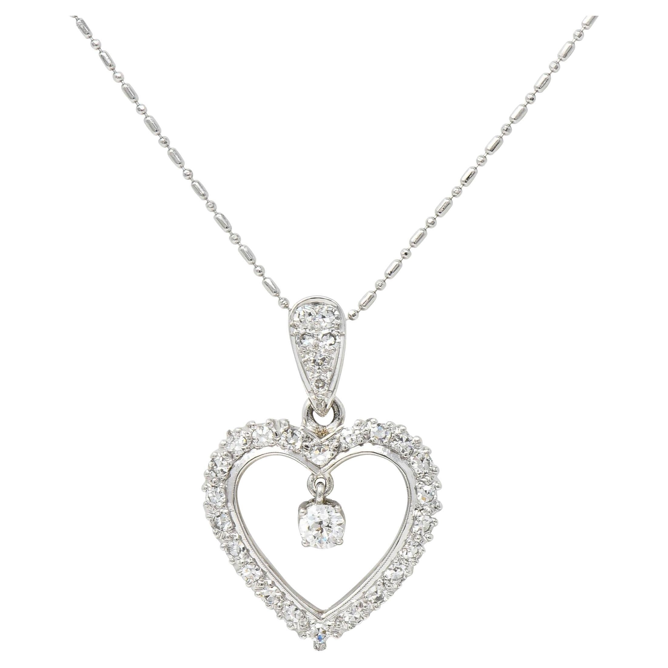 Mid-Century 1.05 CTW Diamond Platinum Vintage Heart Pendant Necklace For Sale