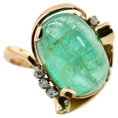 Mid Century 10.50 Carat Cabochon Emerald & Diamond Ring in 18K Gold & Platinum