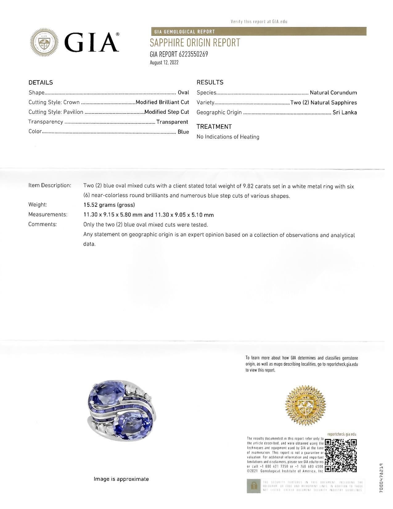 Mid-Century 10.59 CTW No Heat Ceylon Sapphire Diamond Platinum Bypass Ring GIA For Sale 5
