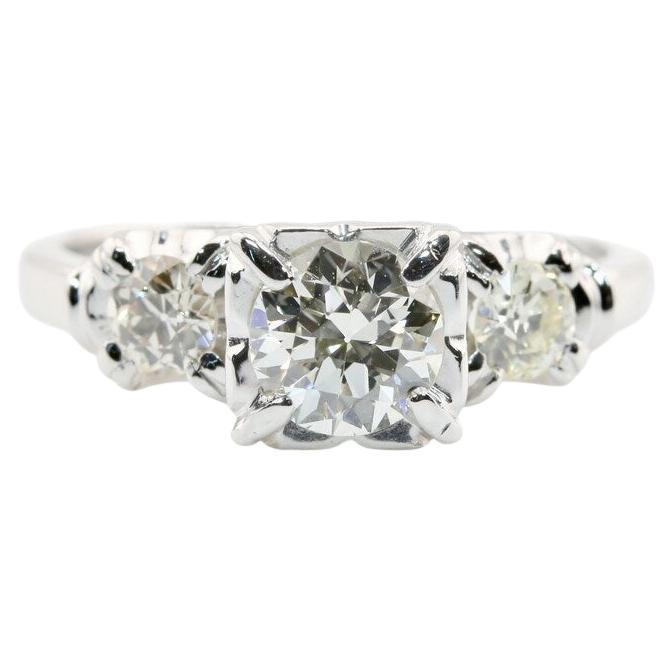 Mid Century 1.05ctw Three Stone Diamond Engagement Ring in 18K White Gold