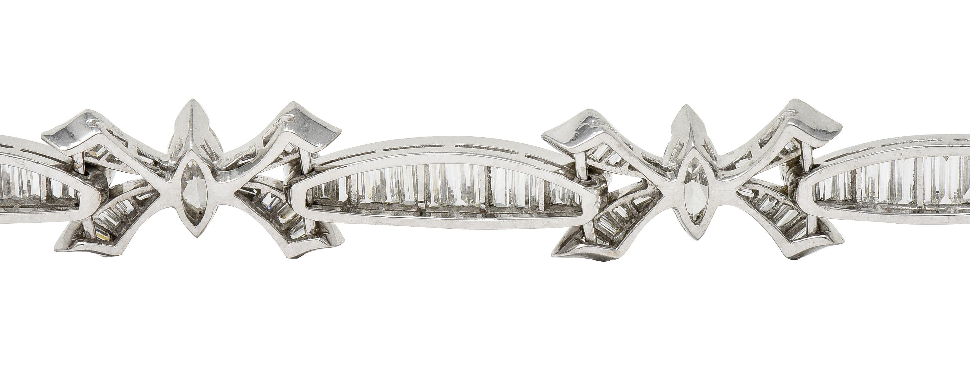 Mid-Century 10.80 Carats Marquise Cut Diamond Platinum Ribbon Line Bracelet For Sale 6