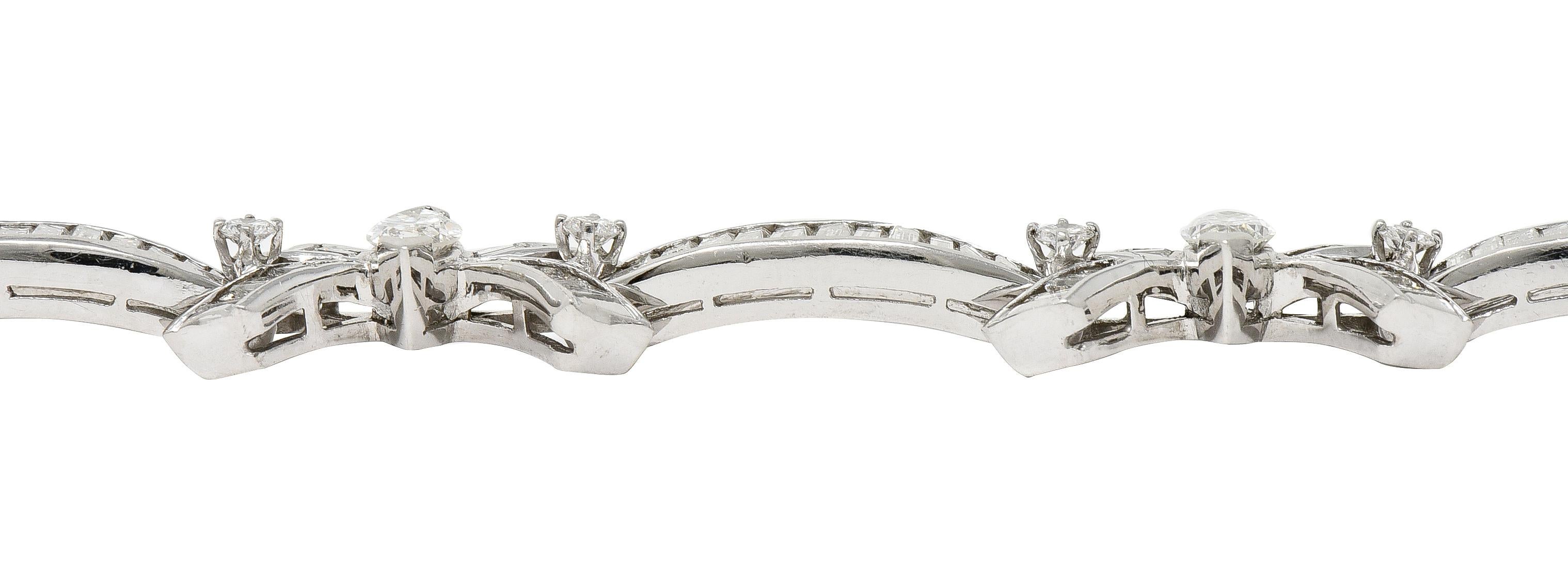 Mid-Century 10.80 Carats Marquise Cut Diamond Platinum Ribbon Line Bracelet For Sale 7
