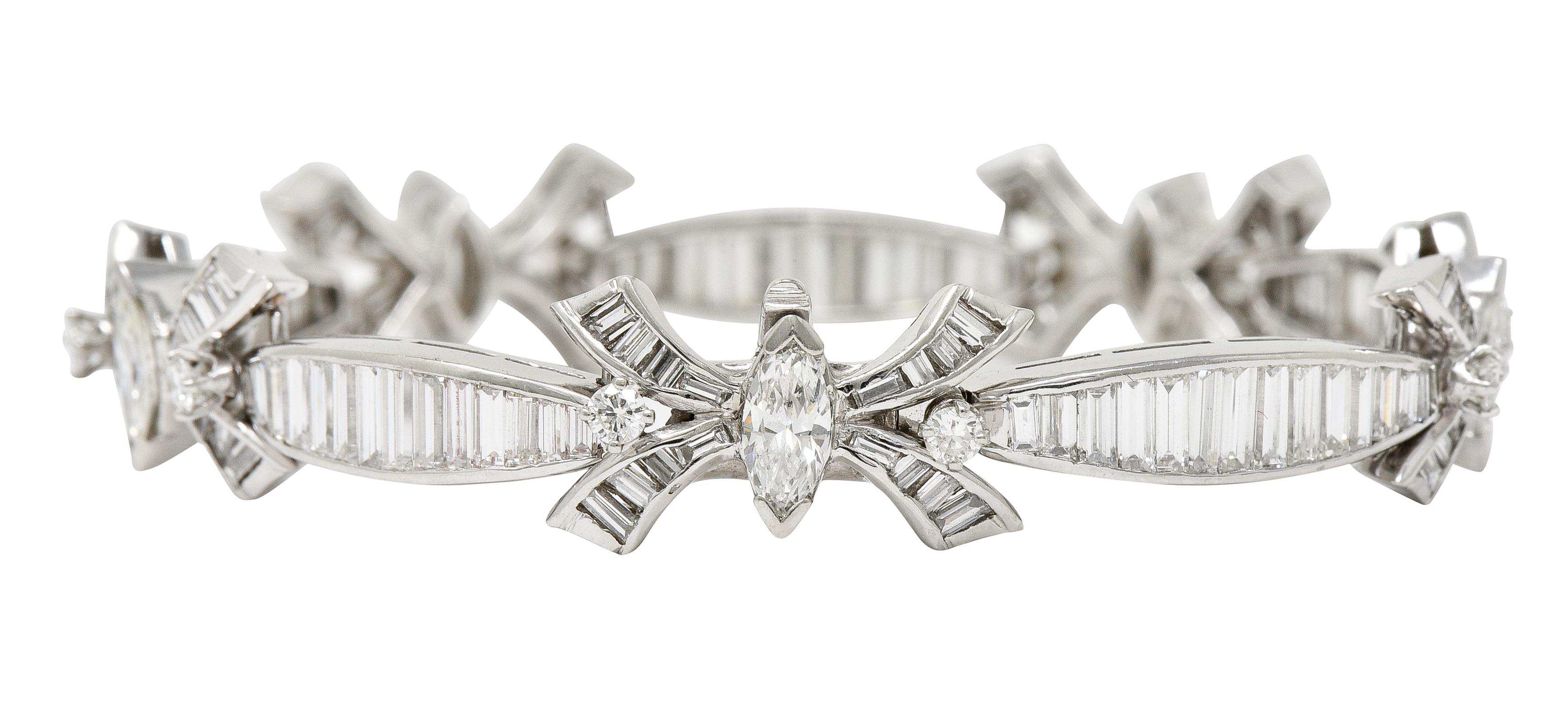 Mid-Century 10.80 Carats Marquise Cut Diamond Platinum Ribbon Line Bracelet In Excellent Condition For Sale In Philadelphia, PA