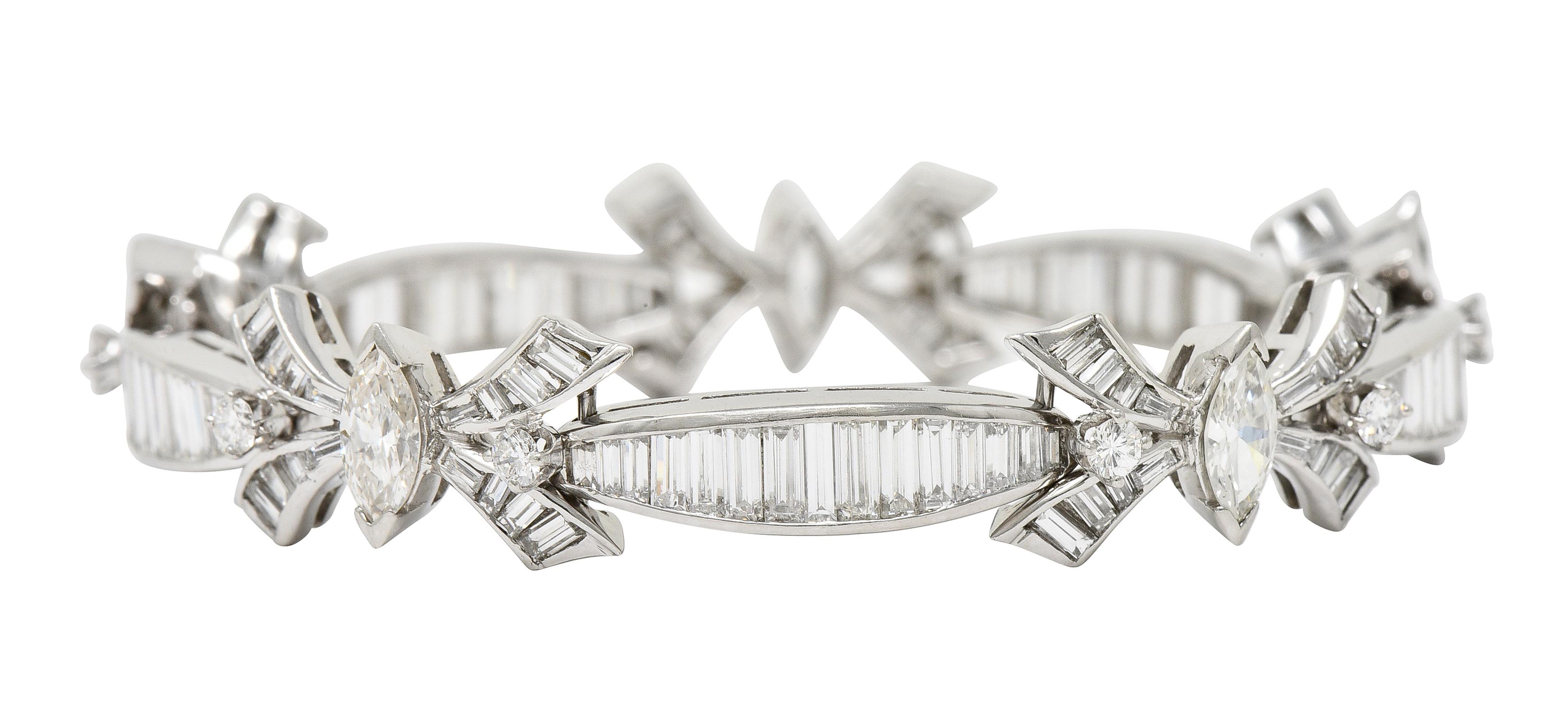 Women's or Men's Mid-Century 10.80 Carats Marquise Cut Diamond Platinum Ribbon Line Bracelet For Sale