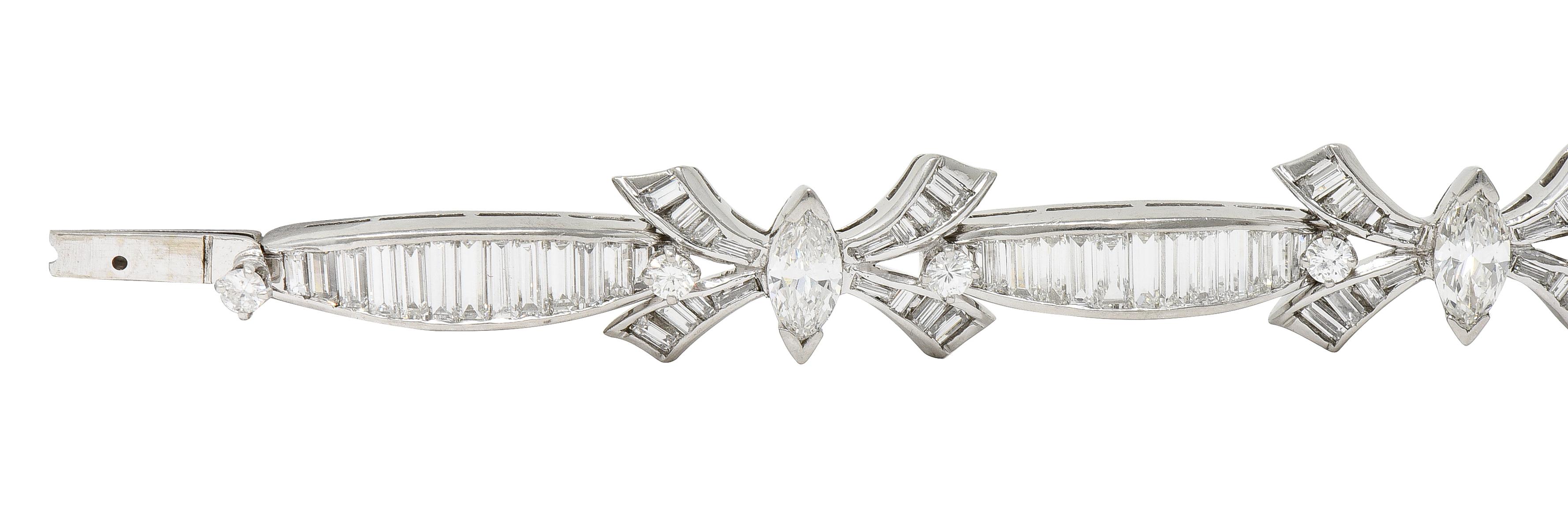 Mid-Century 10.80 Carats Marquise Cut Diamond Platinum Ribbon Line Bracelet For Sale 1