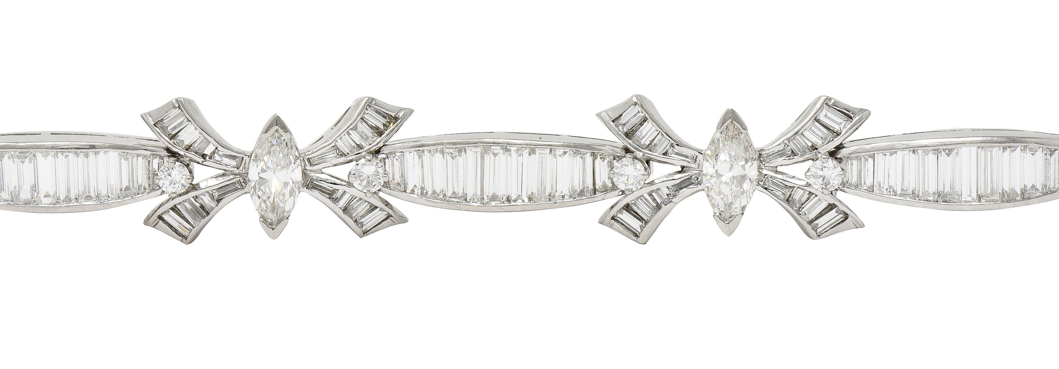 Mid-Century 10.80 Carats Marquise Cut Diamond Platinum Ribbon Line Bracelet For Sale 2