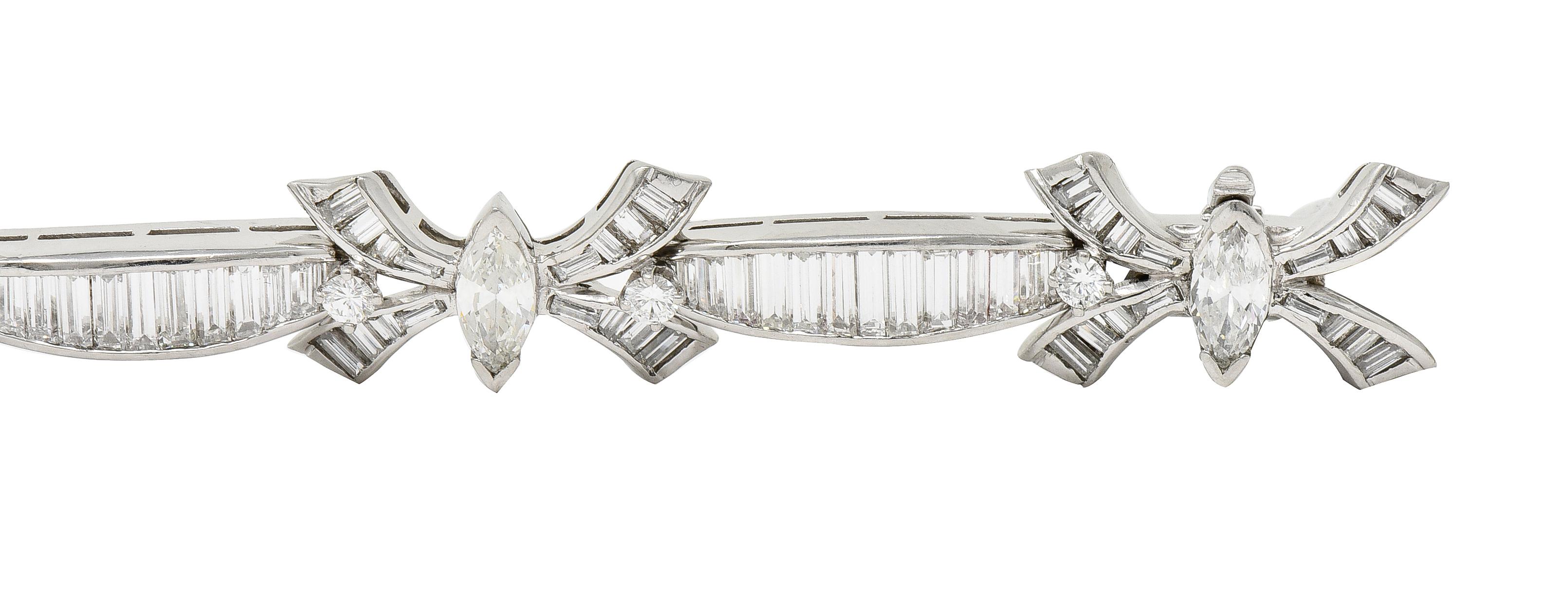 Mid-Century 10.80 Carats Marquise Cut Diamond Platinum Ribbon Line Bracelet For Sale 3
